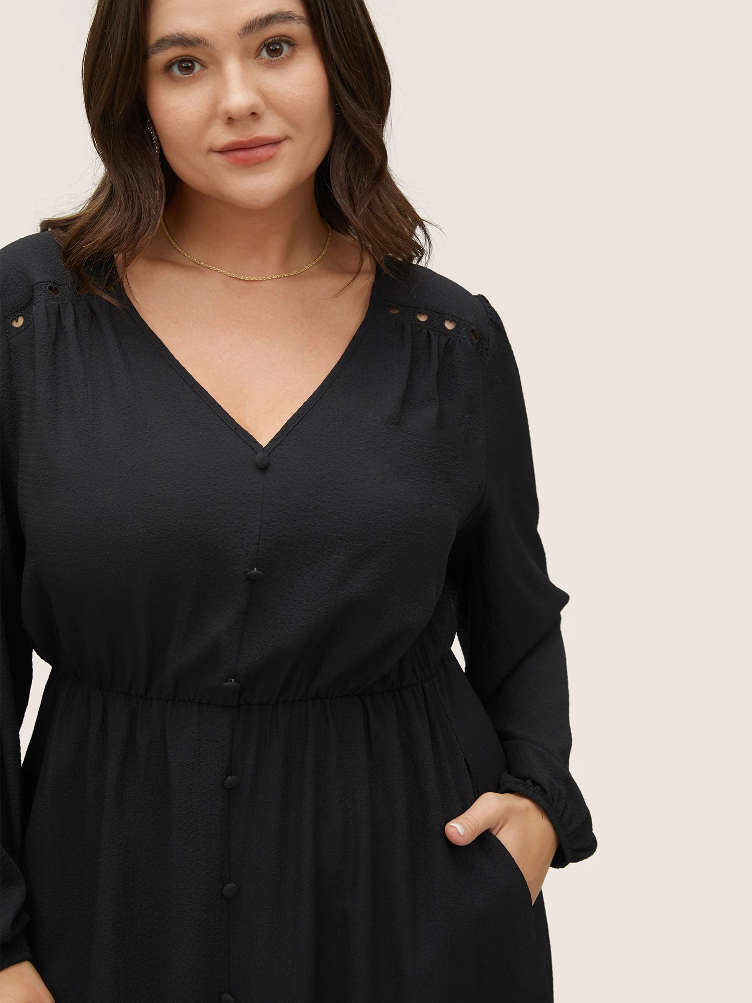 Hollow Out Lantern Sleeve Flutter Layered Hem Dress - Image 2