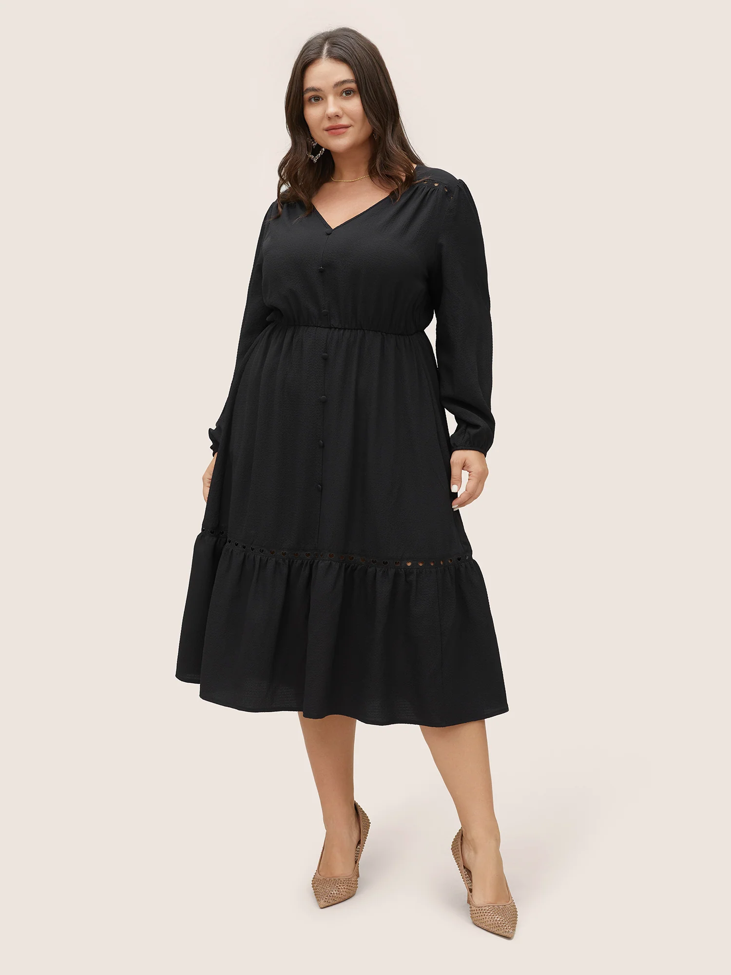 Hollow Out Lantern Sleeve Flutter Layered Hem Dress - Image 3