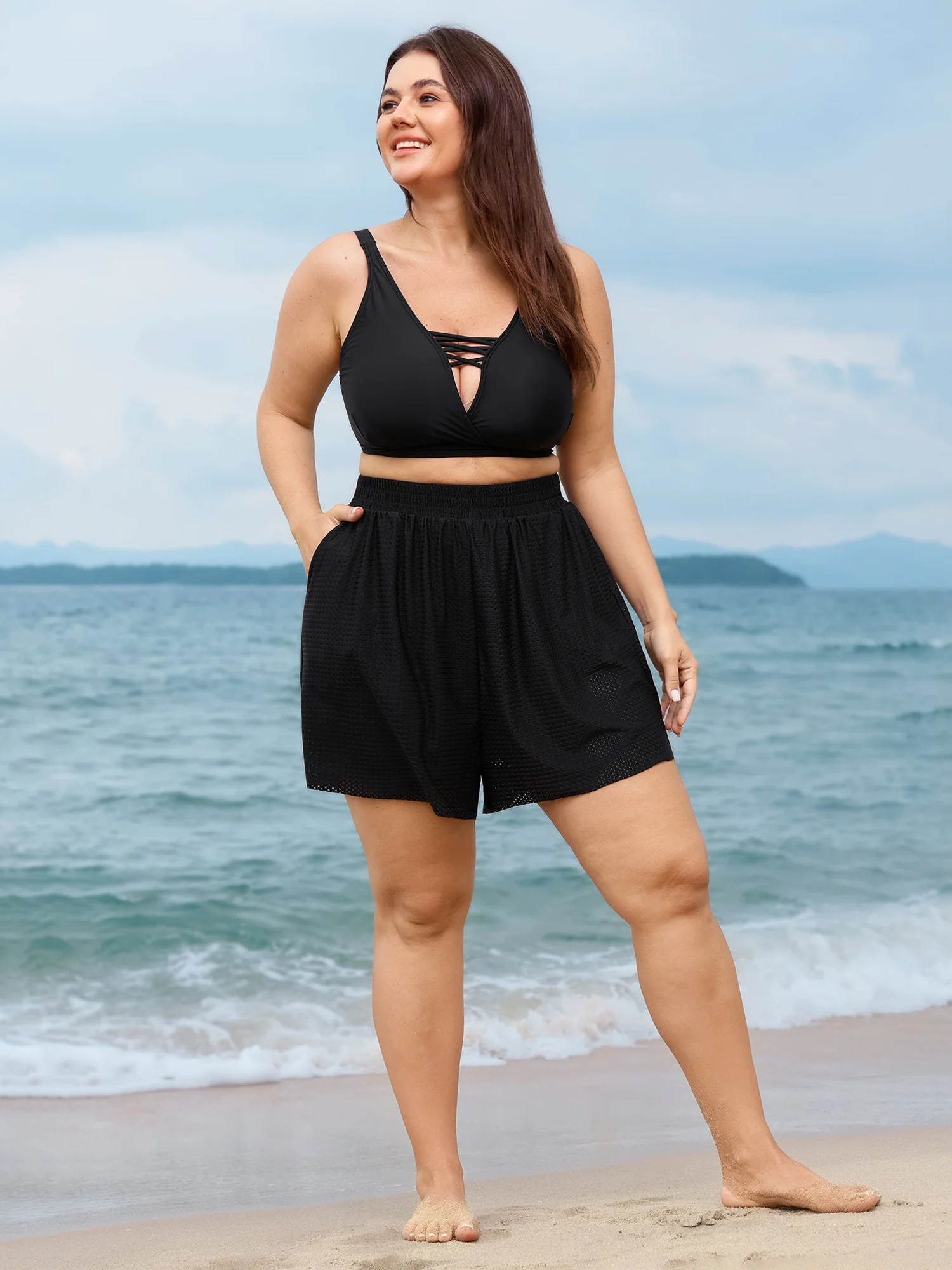 Hollow-Out Textured Pleated Swim Bottoms - Image 2