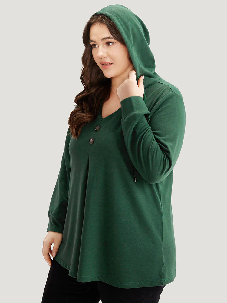 Hooded Button Detail Plicated Detail Sweatshirt - Image 3