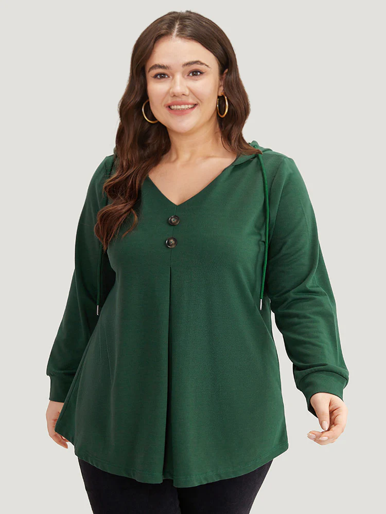 Hooded Button Detail Plicated Detail Sweatshirt - Image 4