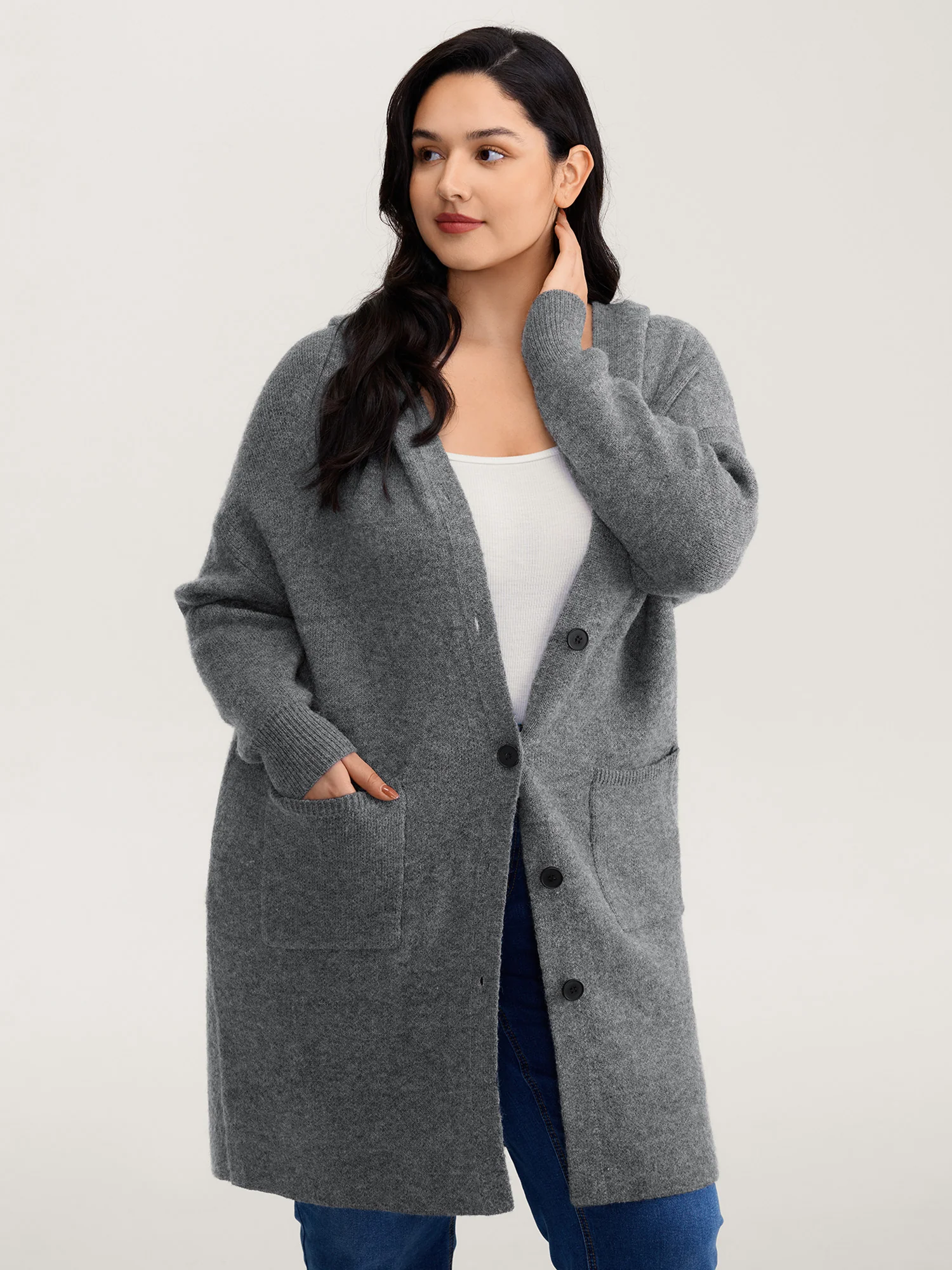 Hooded Button Slit Pockets Knit Cardigan - Image 2