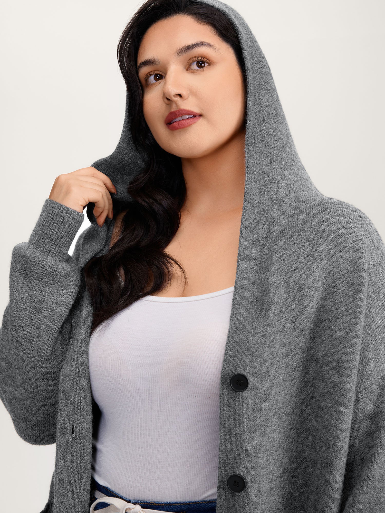 Hooded Button Slit Pockets Knit Cardigan - Image 3