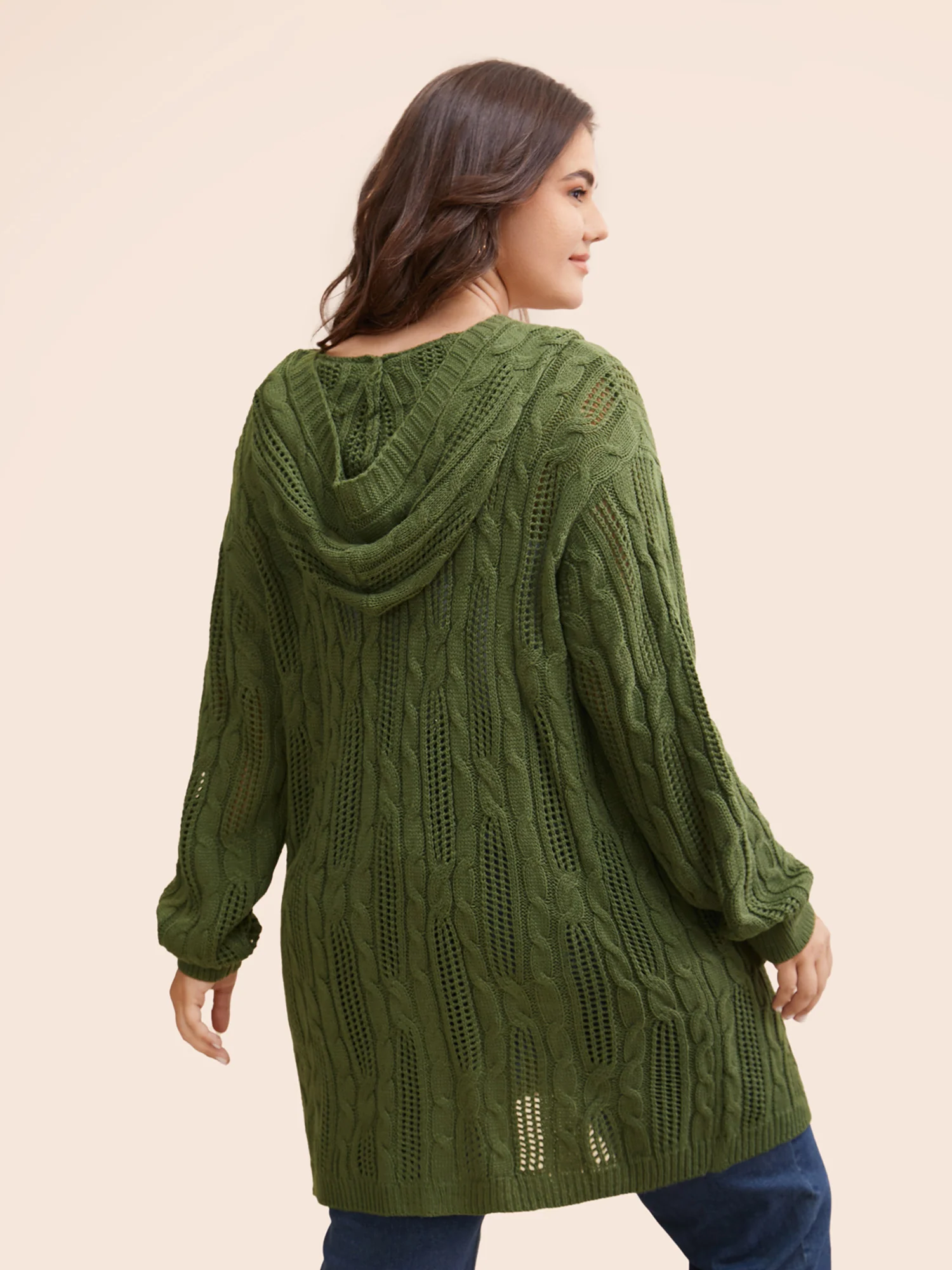 Hooded Cable Knit Open Front Cardigan - Image 2