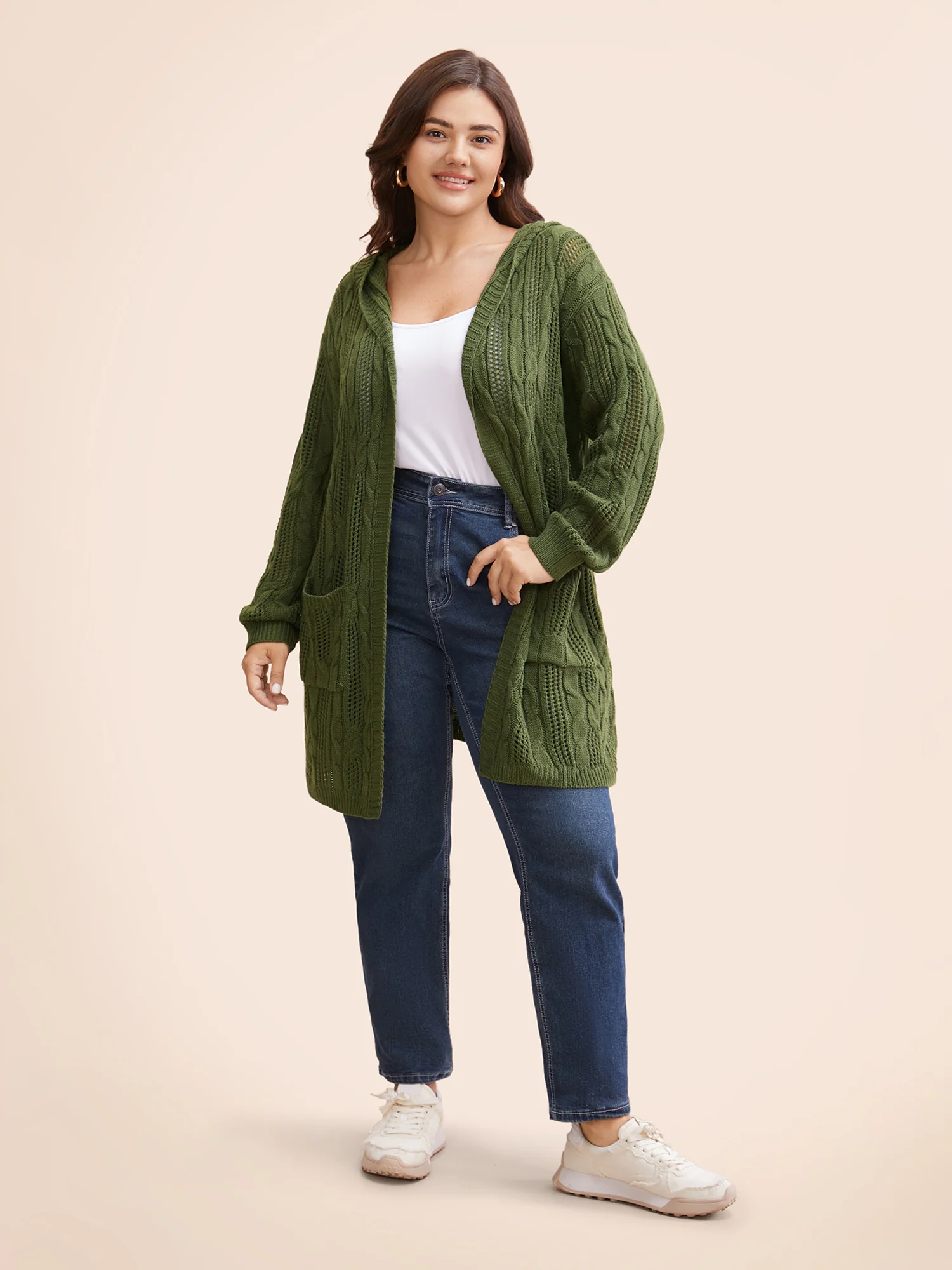 Hooded Cable Knit Open Front Cardigan - Image 3