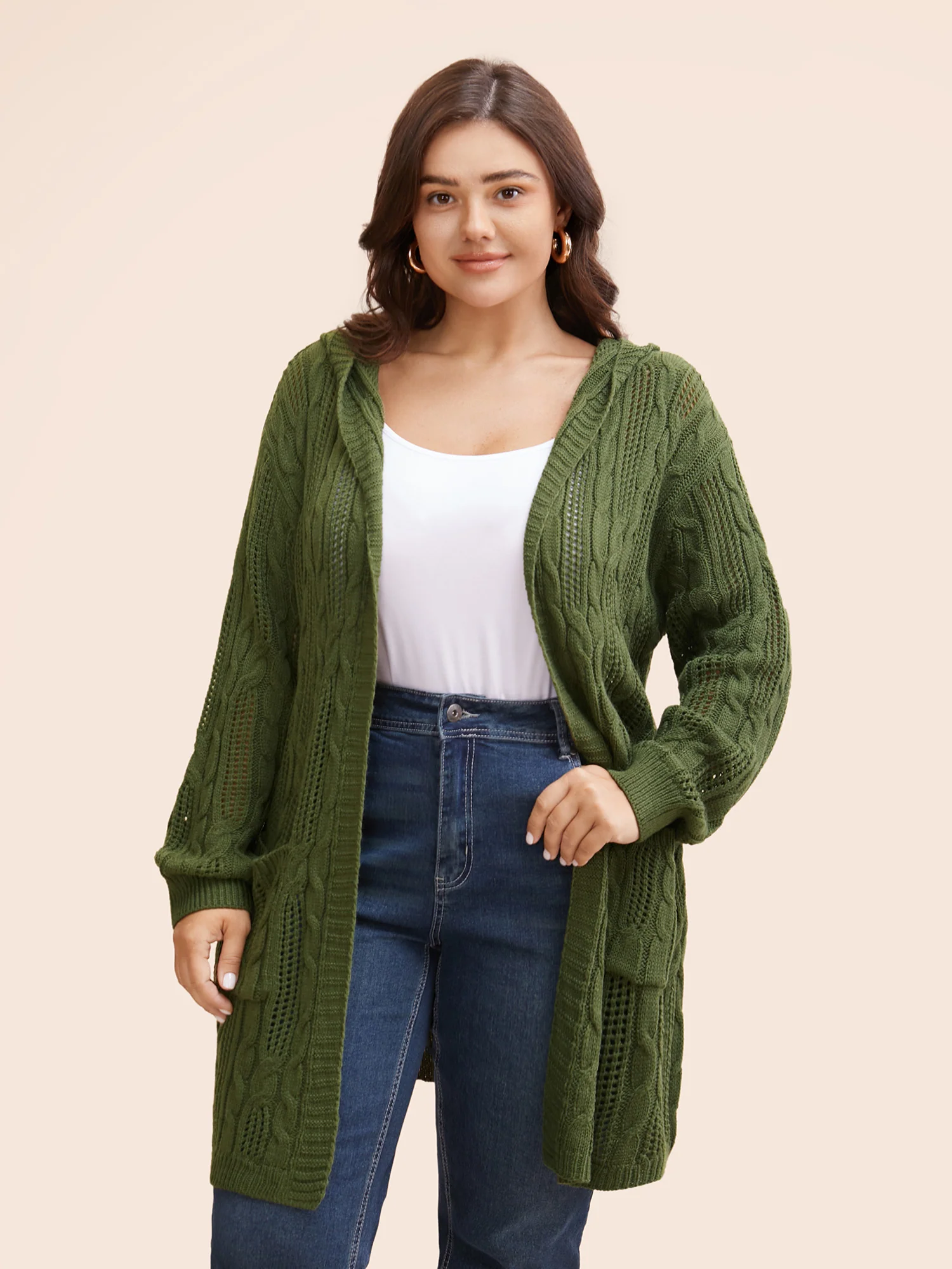 Hooded Cable Knit Open Front Cardigan - Image 5