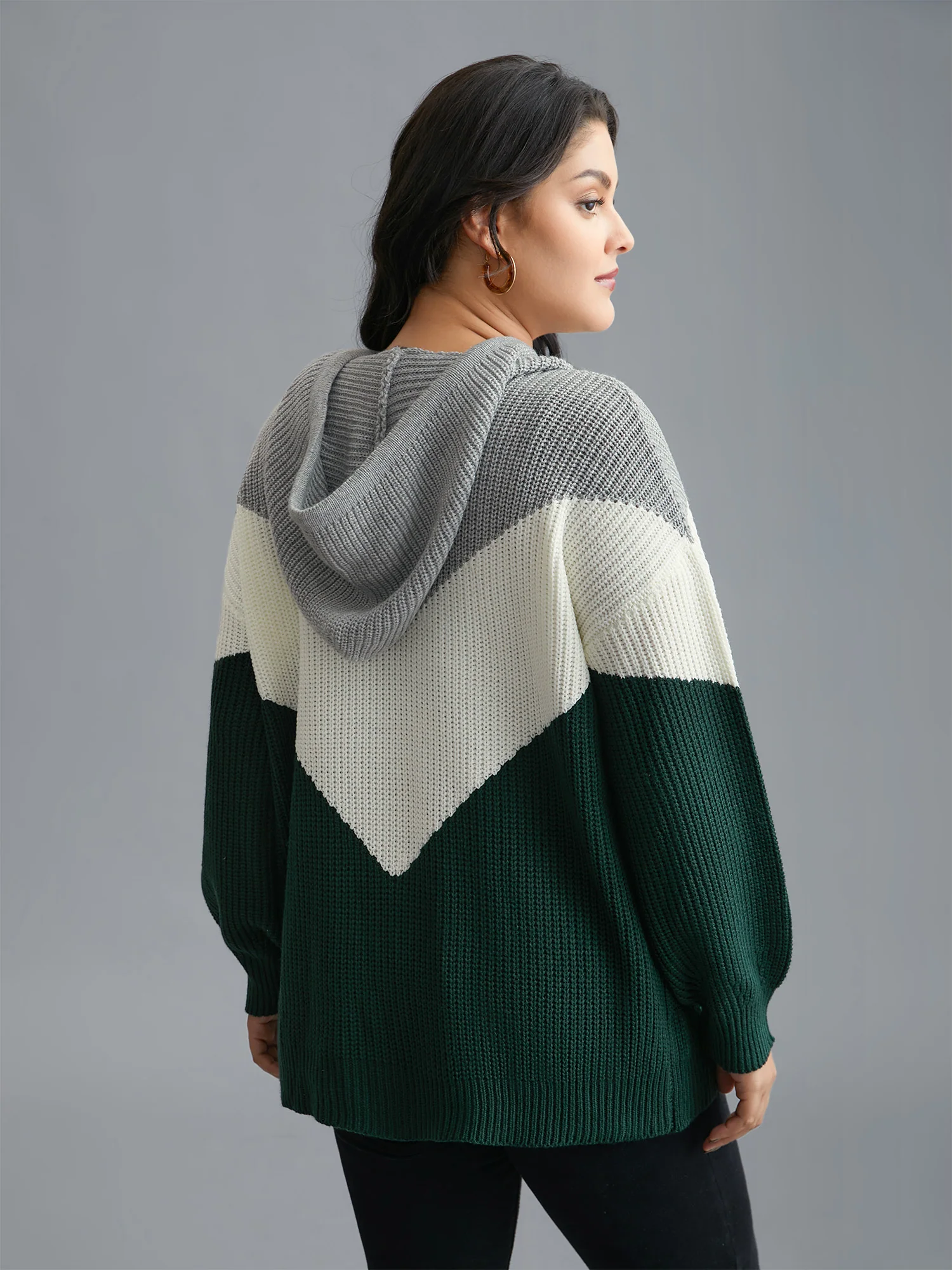Hooded Color Contrast Drop Shoulder Pullover - Image 2