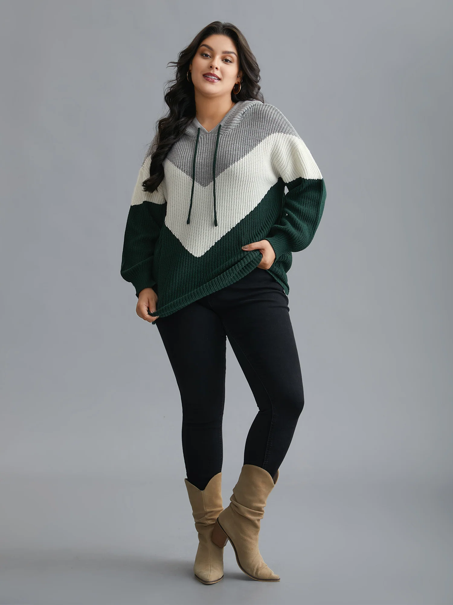 Hooded Color Contrast Drop Shoulder Pullover - Image 3