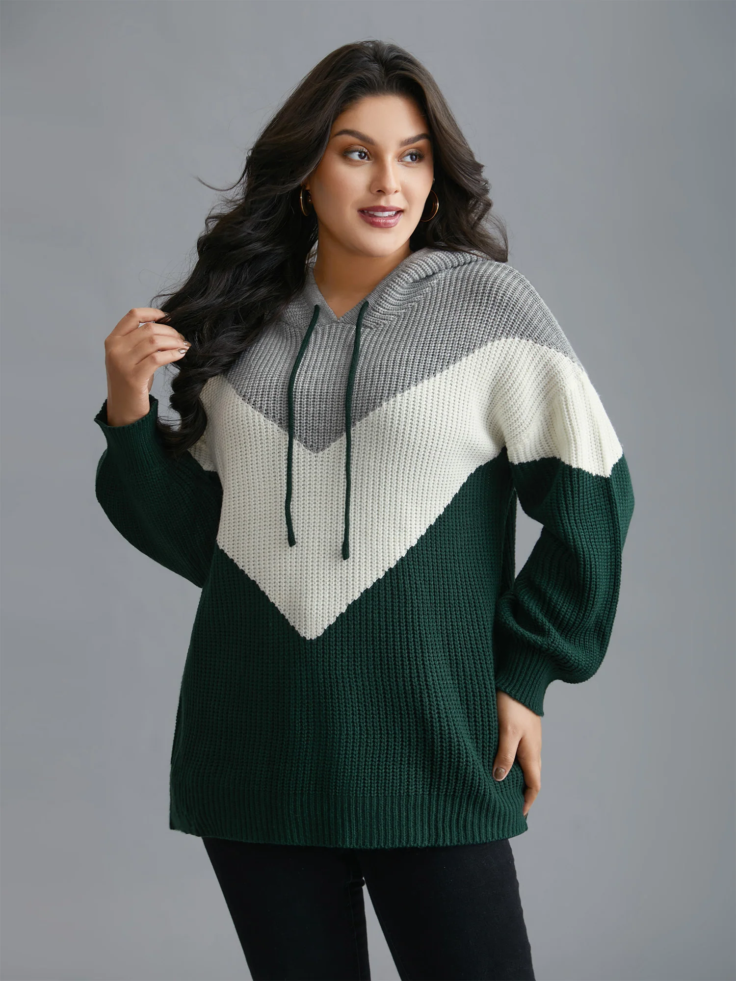 Hooded Color Contrast Drop Shoulder Pullover - Image 4