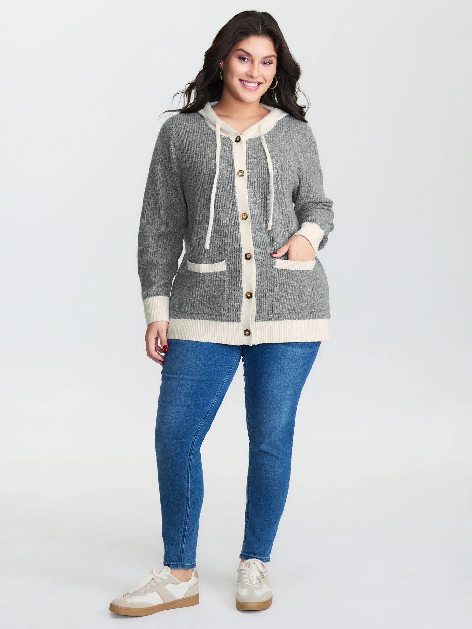 Hooded Colorblock Pockets Button Knit Cardigan - Image 2
