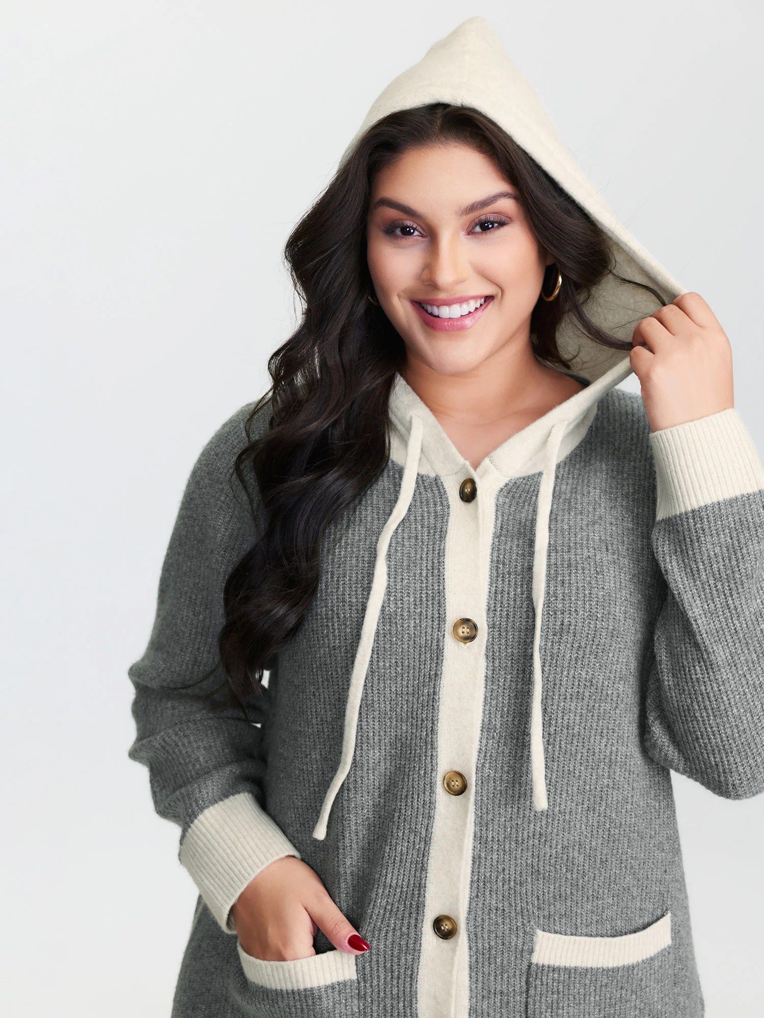 Hooded Colorblock Pockets Button Knit Cardigan - Image 3