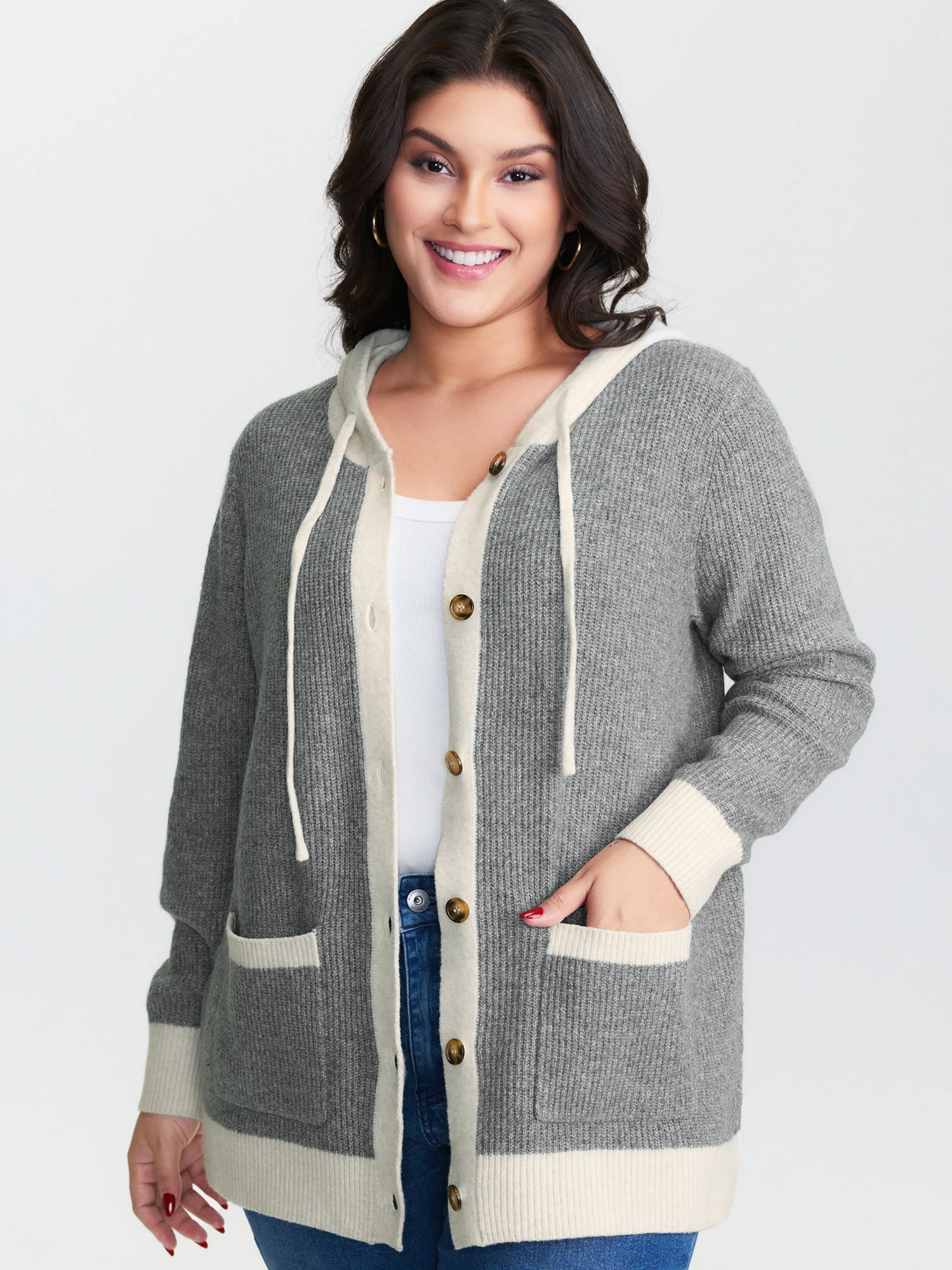 Hooded Colorblock Pockets Button Knit Cardigan - Image 5