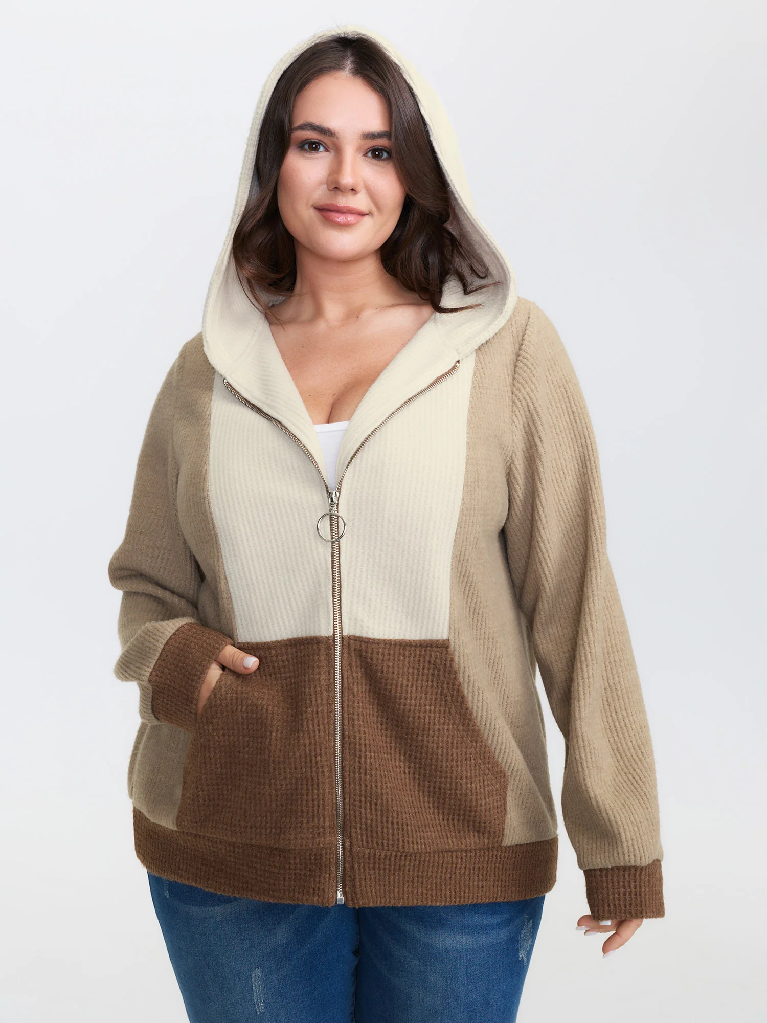 Hooded Colorblock Zipper Jacket - Image 2
