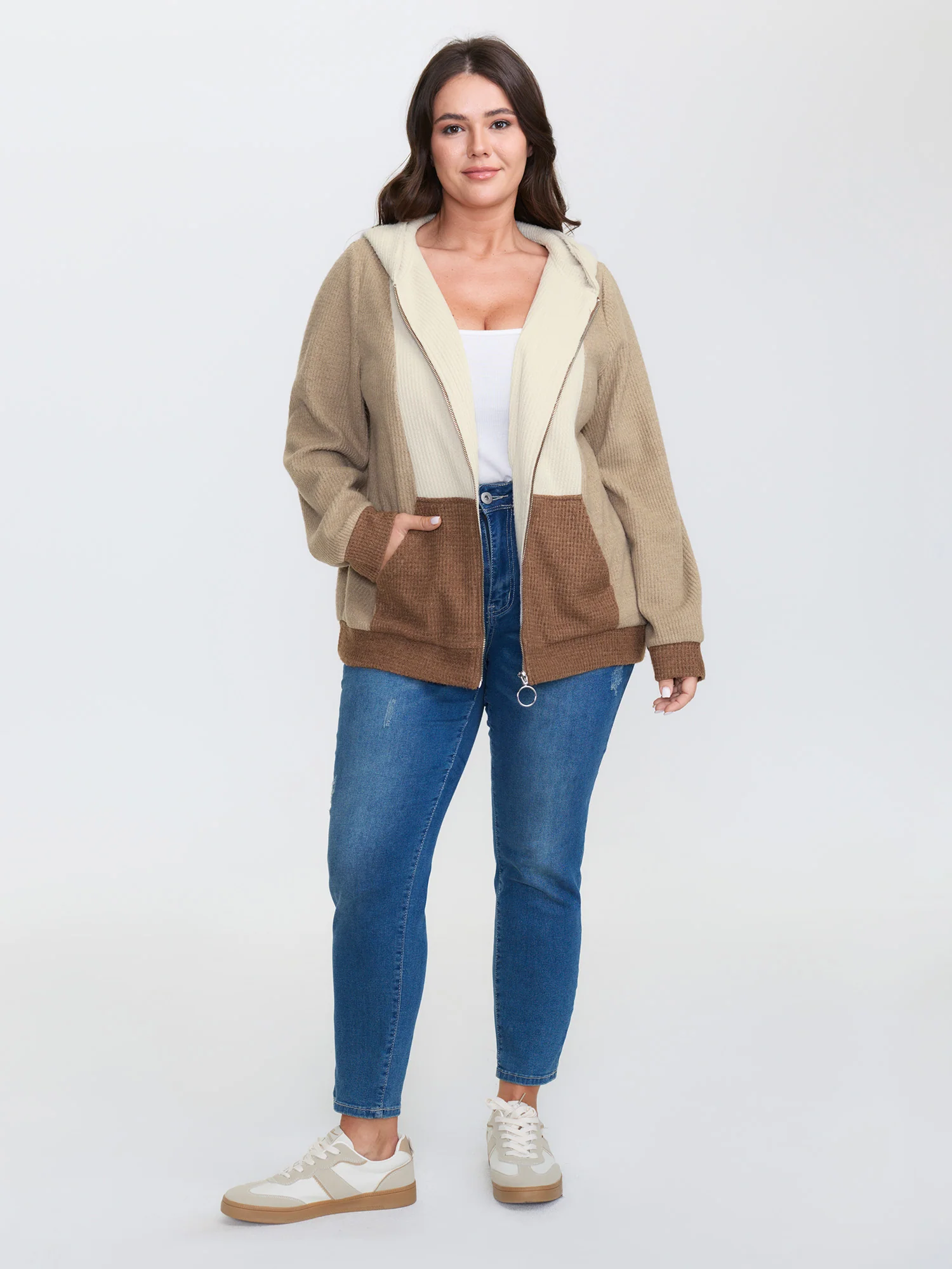 Hooded Colorblock Zipper Jacket - Image 3