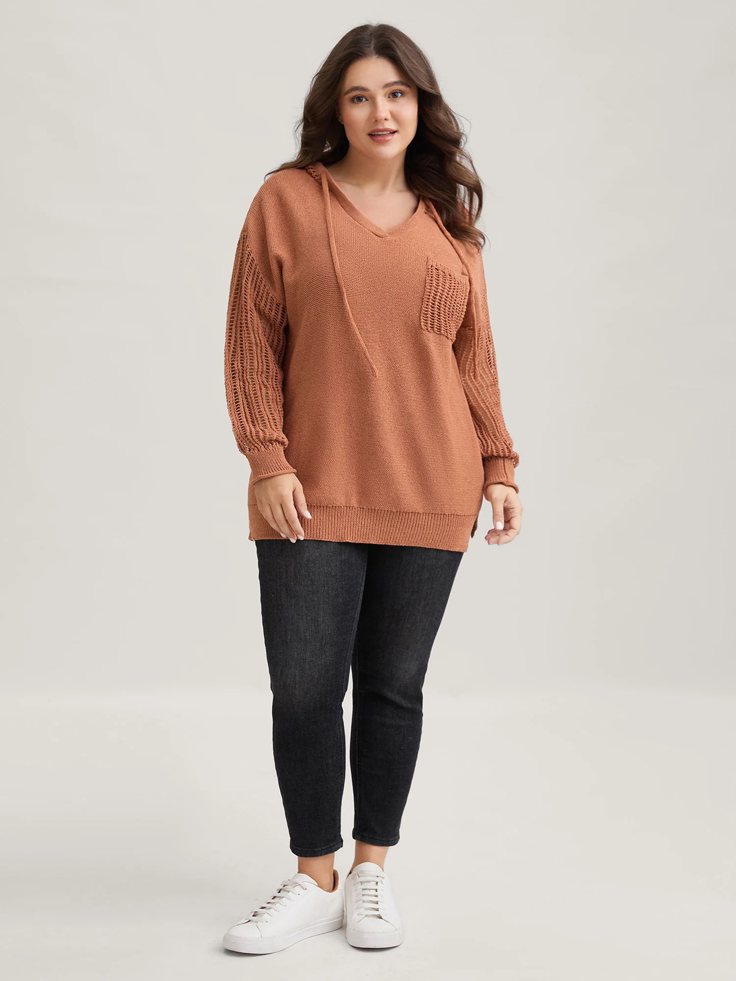 Hooded Drawstring Cut Out Pocket Pullover - Image 3