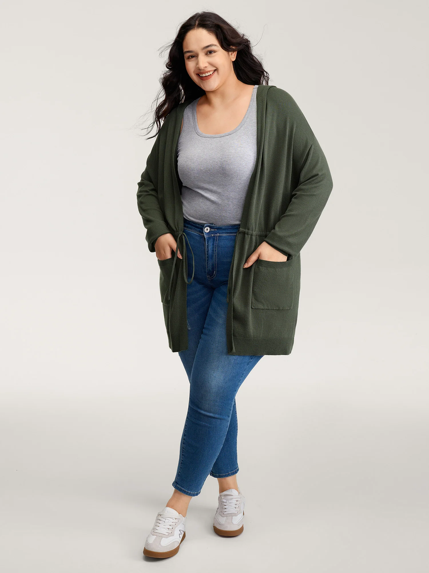 Hooded Drawstring Waist Pockets Knit Cardigan - Image 3