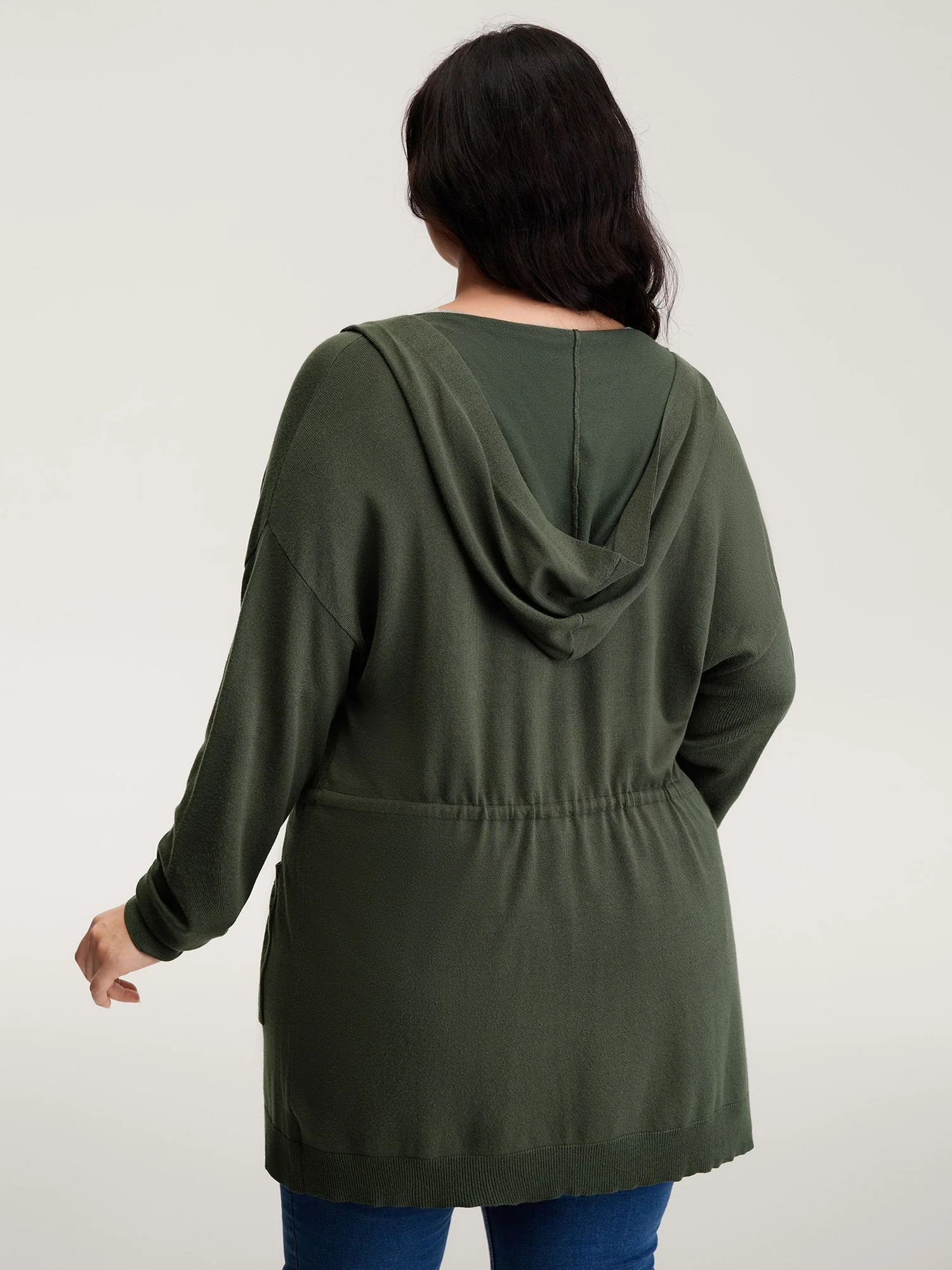 Hooded Drawstring Waist Pockets Knit Cardigan - Image 4