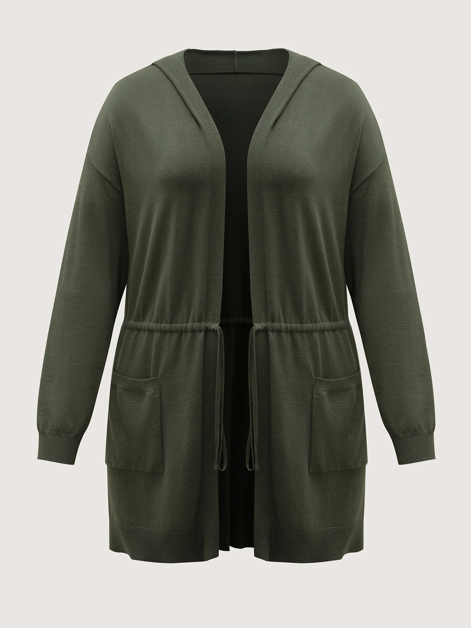 Hooded Drawstring Waist Pockets Knit Cardigan - Image 8