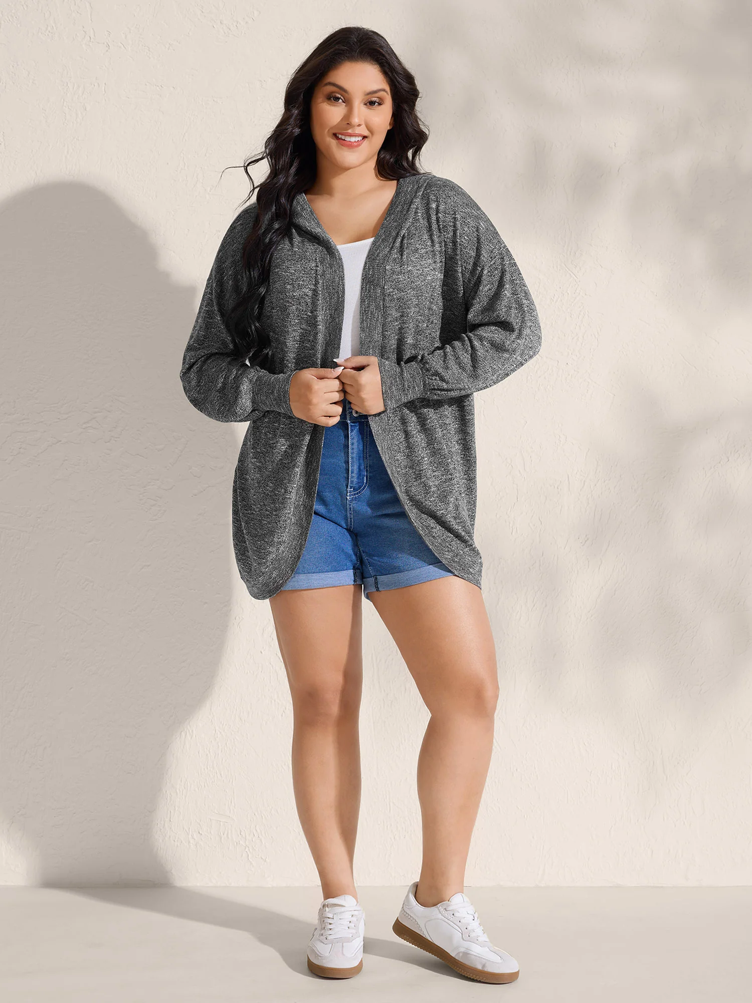 Hooded Heather Curvy Hem Lightweight Knit Cardigan - Image 2