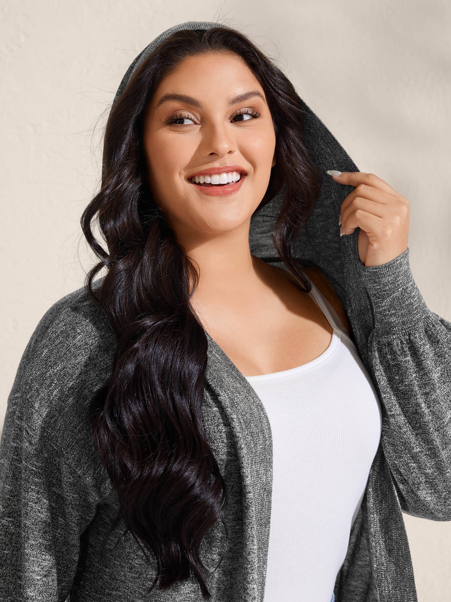 Hooded Heather Curvy Hem Lightweight Knit Cardigan - Image 3