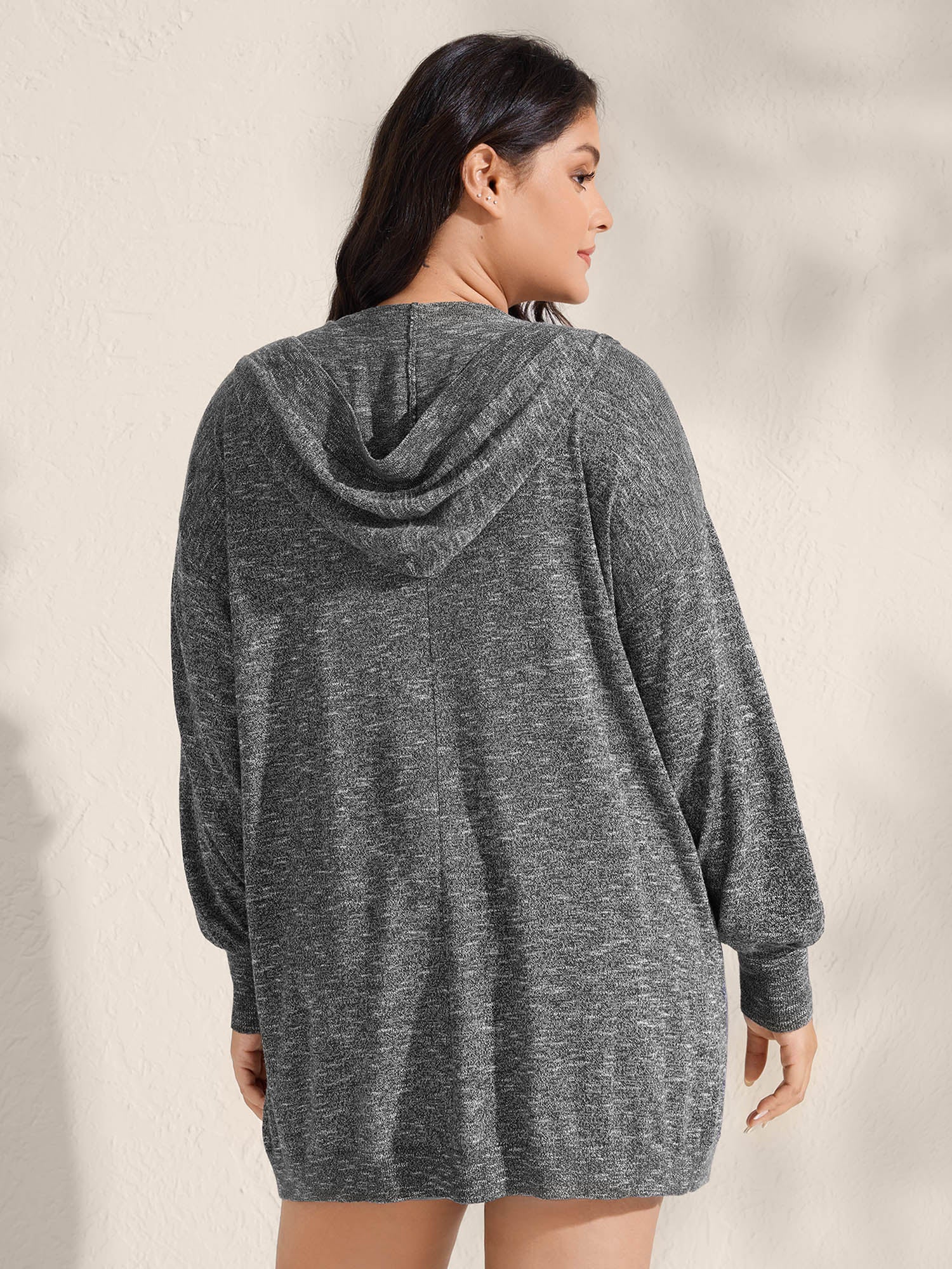 Hooded Heather Curvy Hem Lightweight Knit Cardigan - Image 4