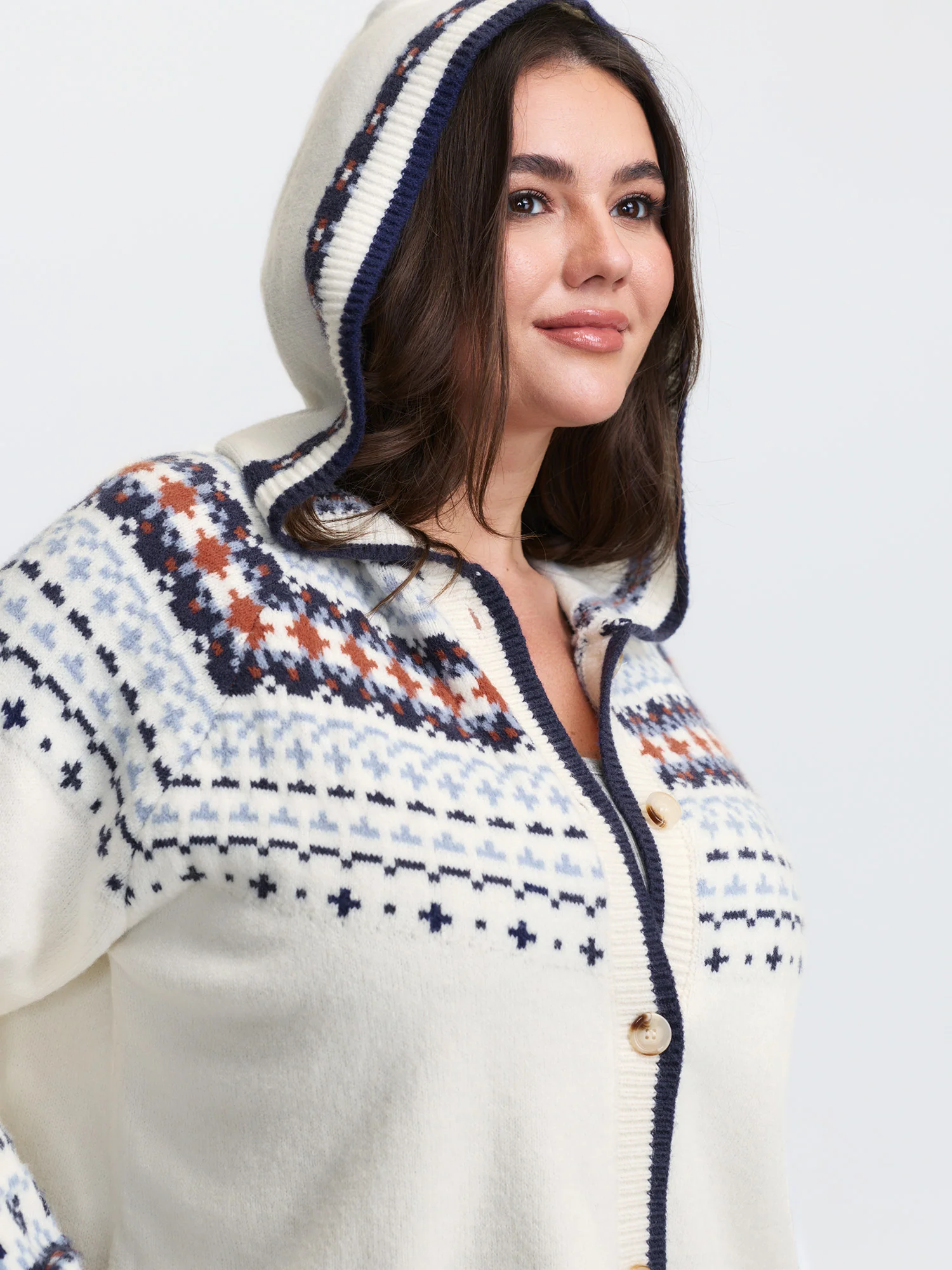 Hooded Jacquard Pattern Button Knit Cardigan - Image 2