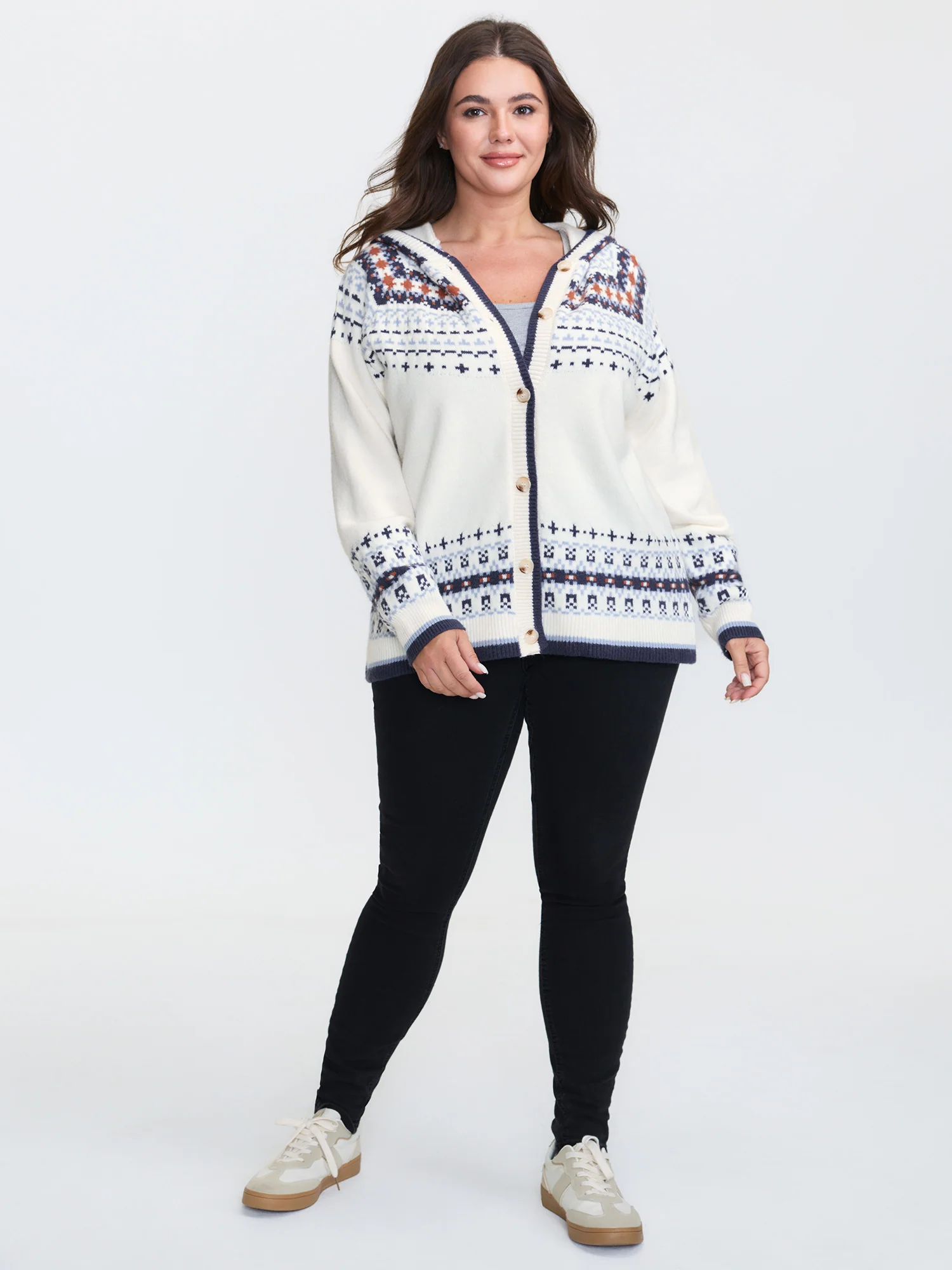 Hooded Jacquard Pattern Button Knit Cardigan - Image 3
