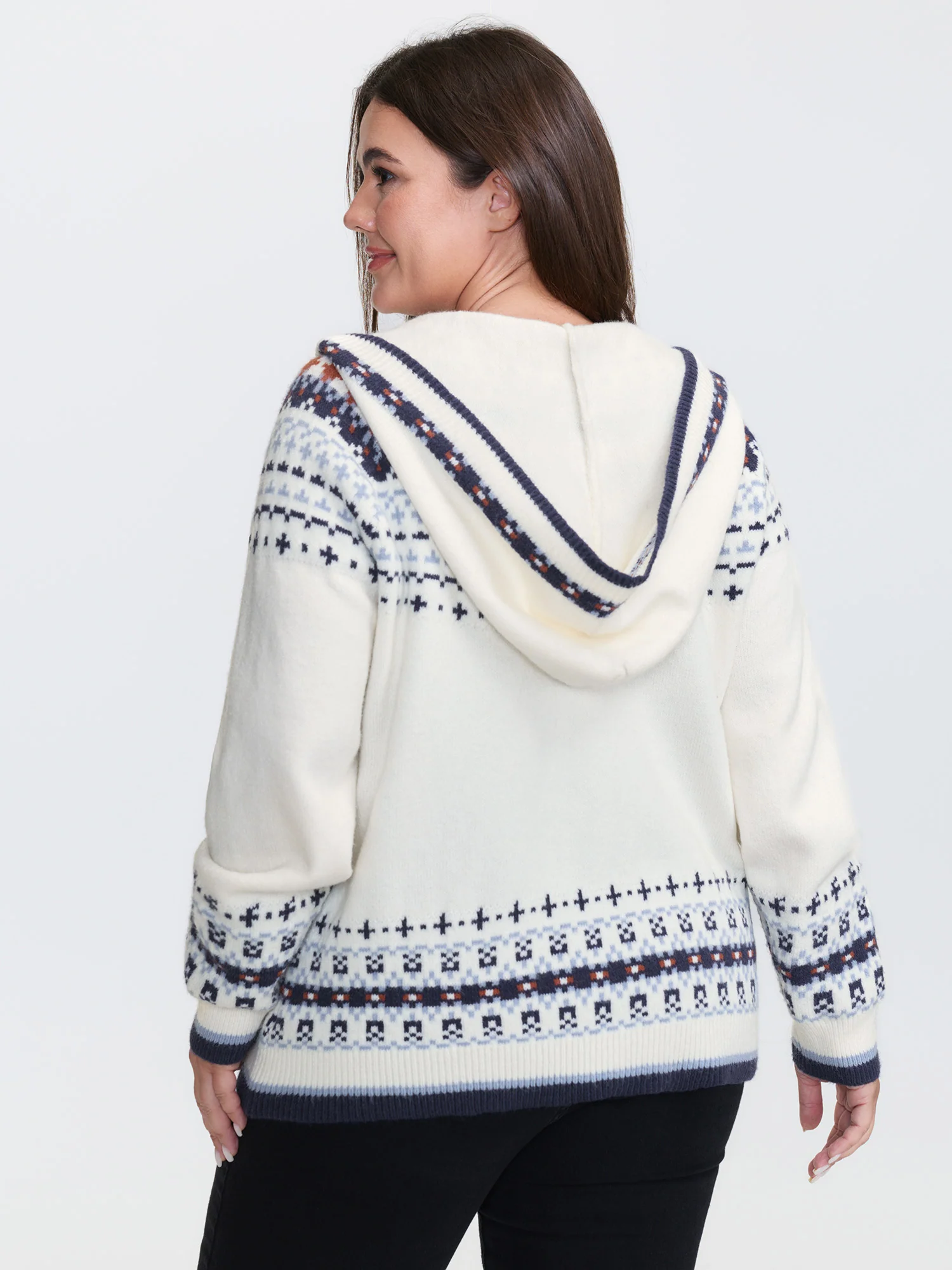 Hooded Jacquard Pattern Button Knit Cardigan - Image 4