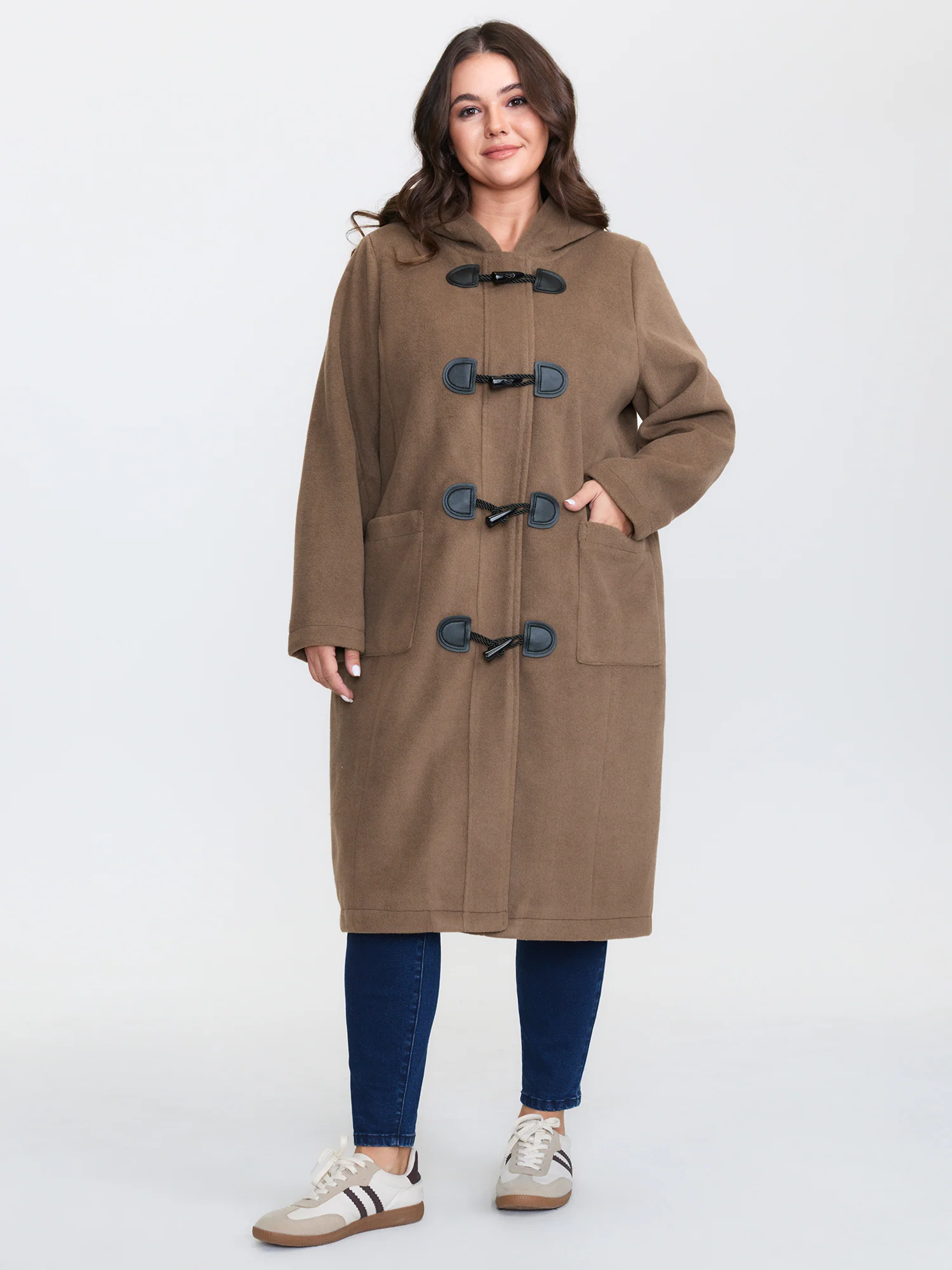 Hooded Relaxed-Fit Horn Button Long Coat - Image 3