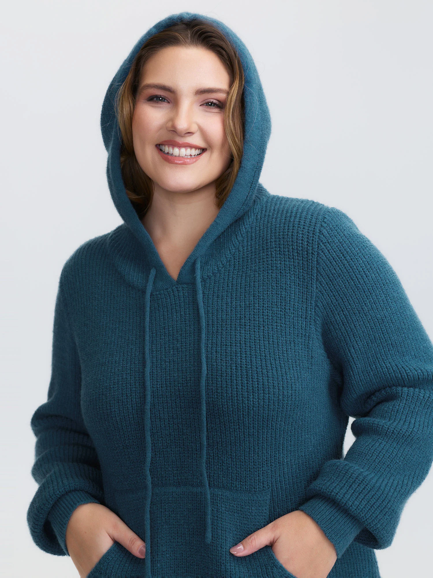 Hooded Textured Curvy Hem Sweater Dress - Image 2
