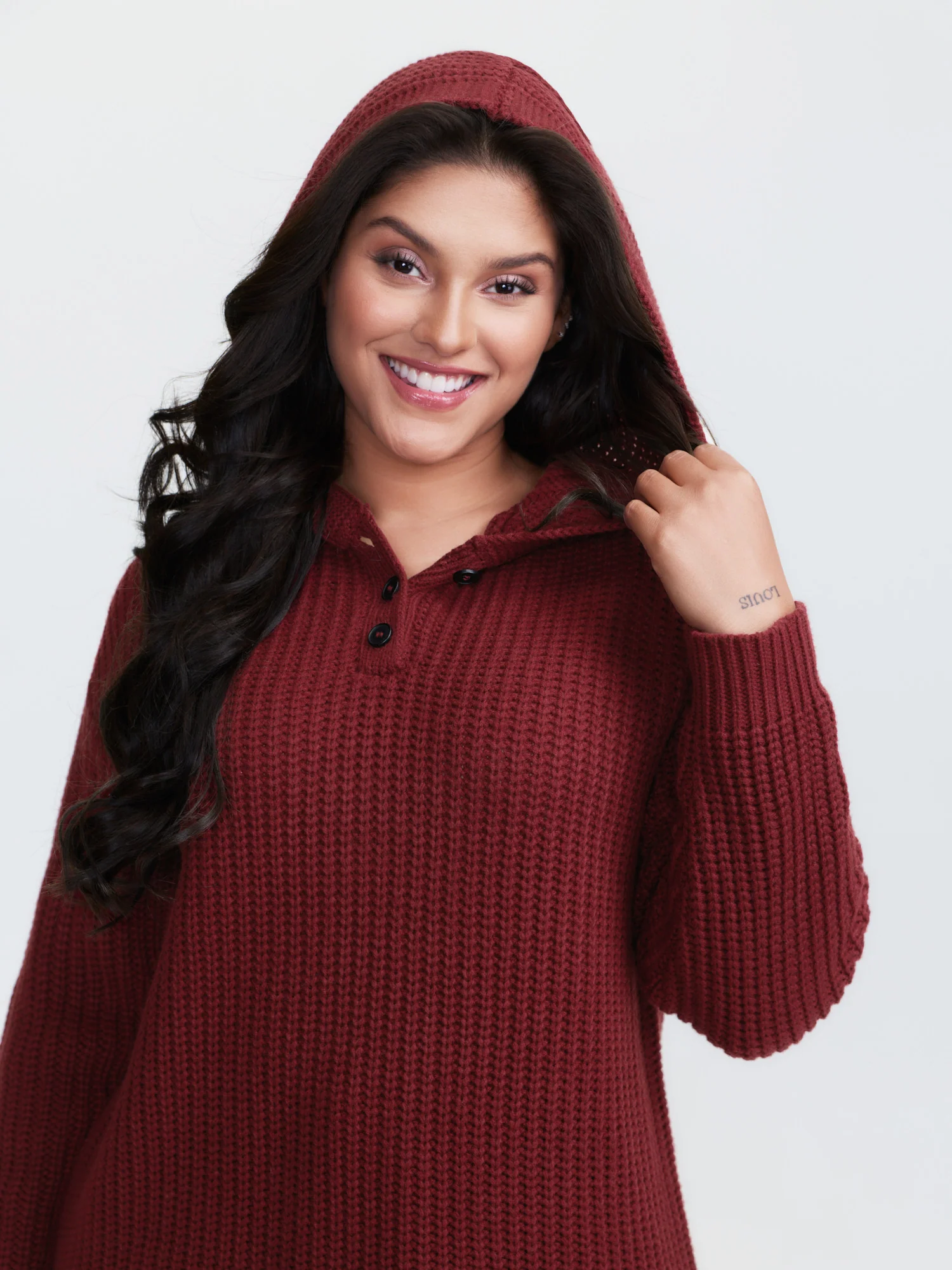 Hooded Textured Half Placket Button Pullover - Image 2