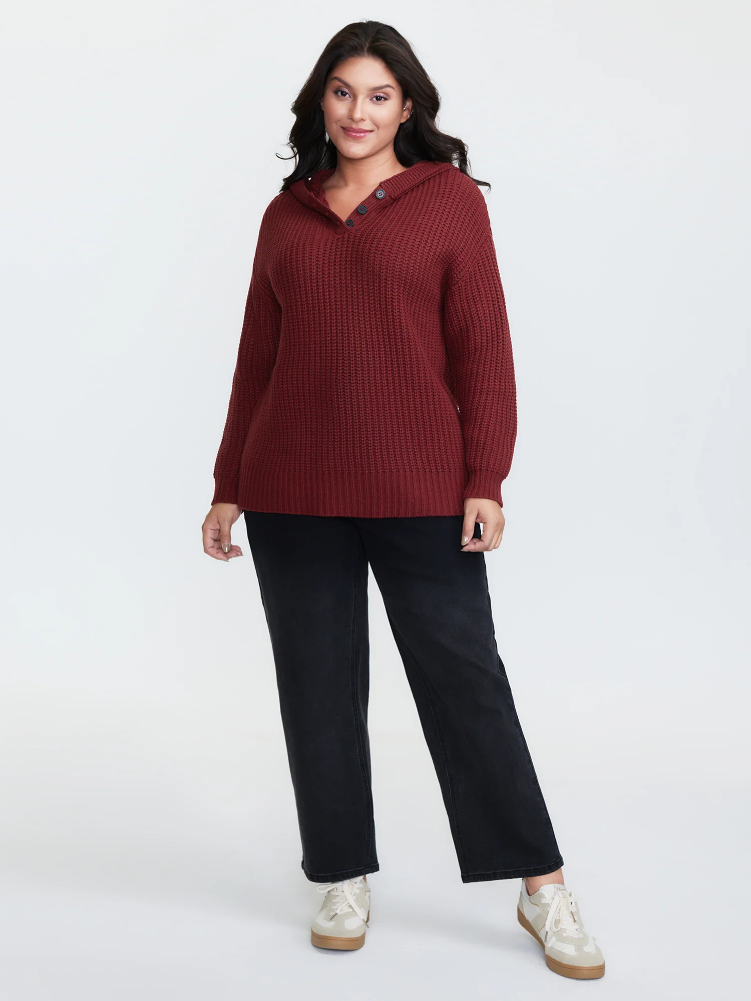 Hooded Textured Half Placket Button Pullover - Image 3