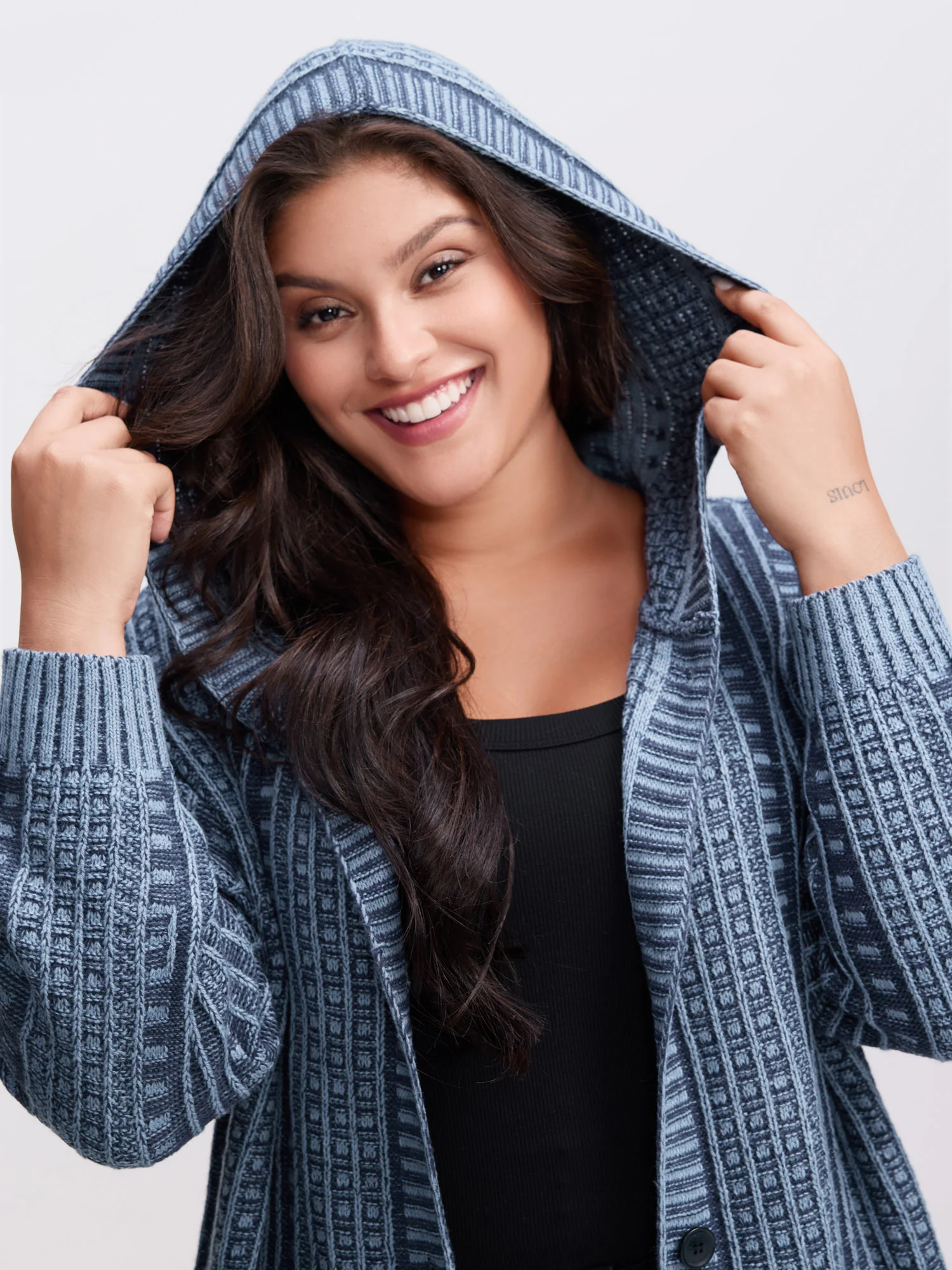 Hooded Textured Pockets Drop Shoulder Knit Cardigan - Image 2