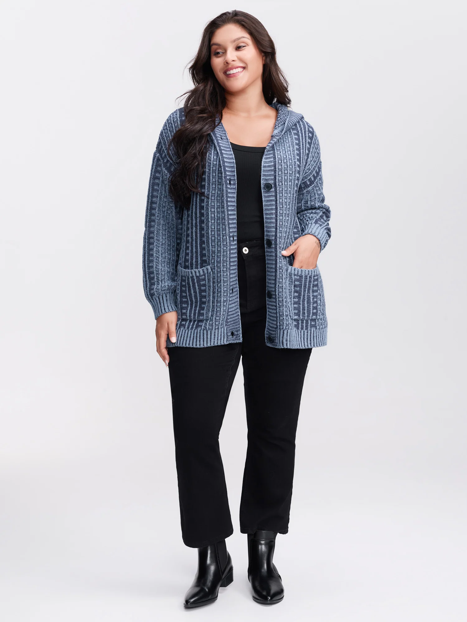 Hooded Textured Pockets Drop Shoulder Knit Cardigan - Image 3