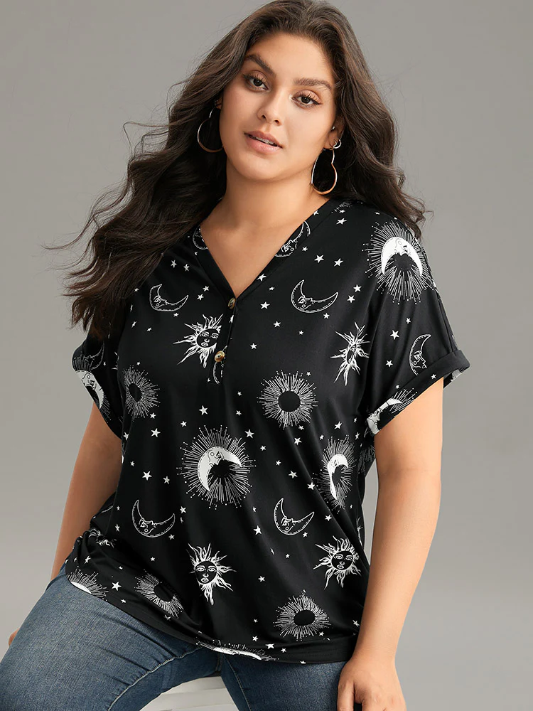 Horoscope Print V Neck Cuffed Dolman Sleeve T-shirt - Image 2