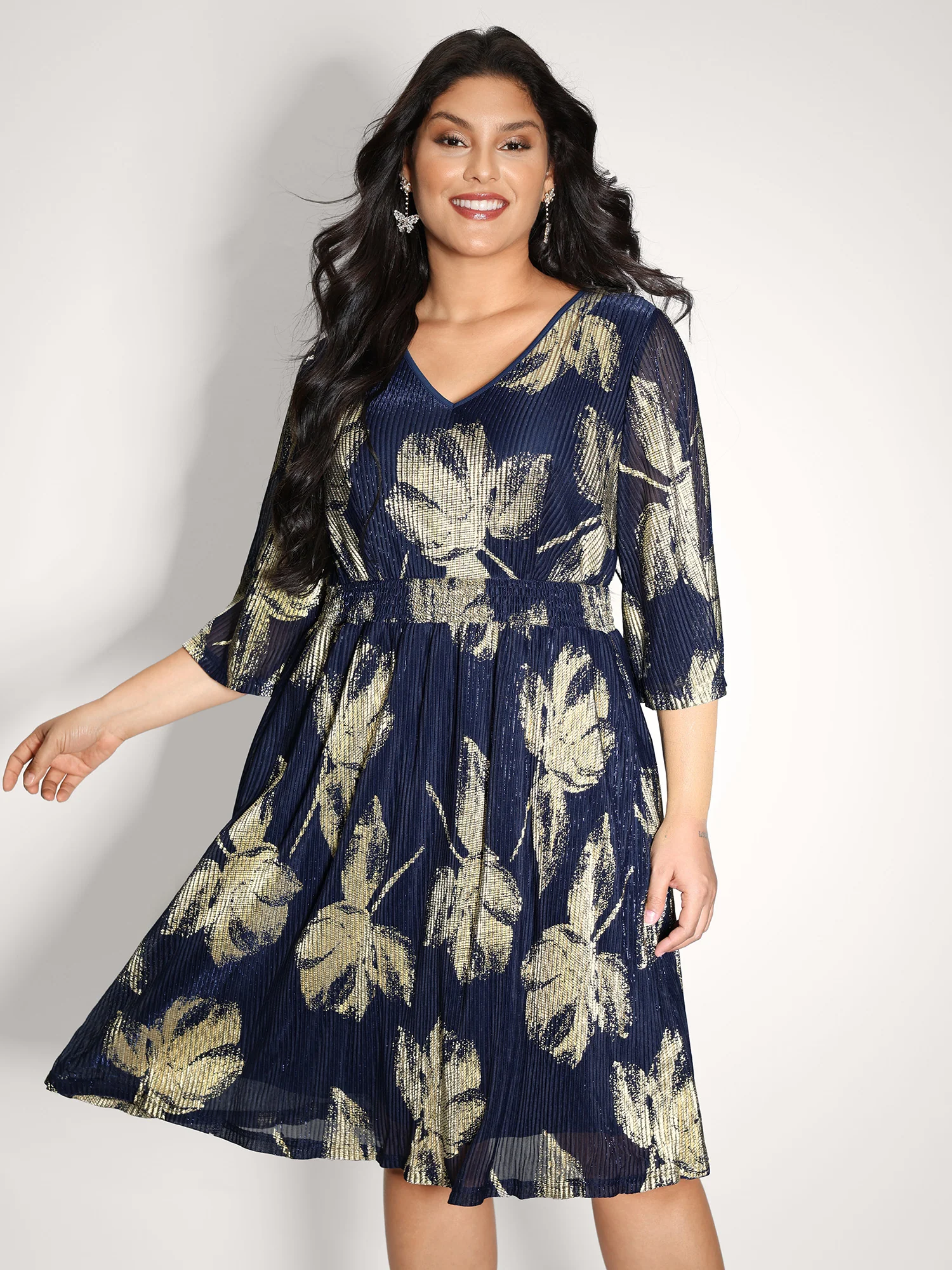 Hot Stamped Fall Leaf Shirred Mini Dress - Image 2