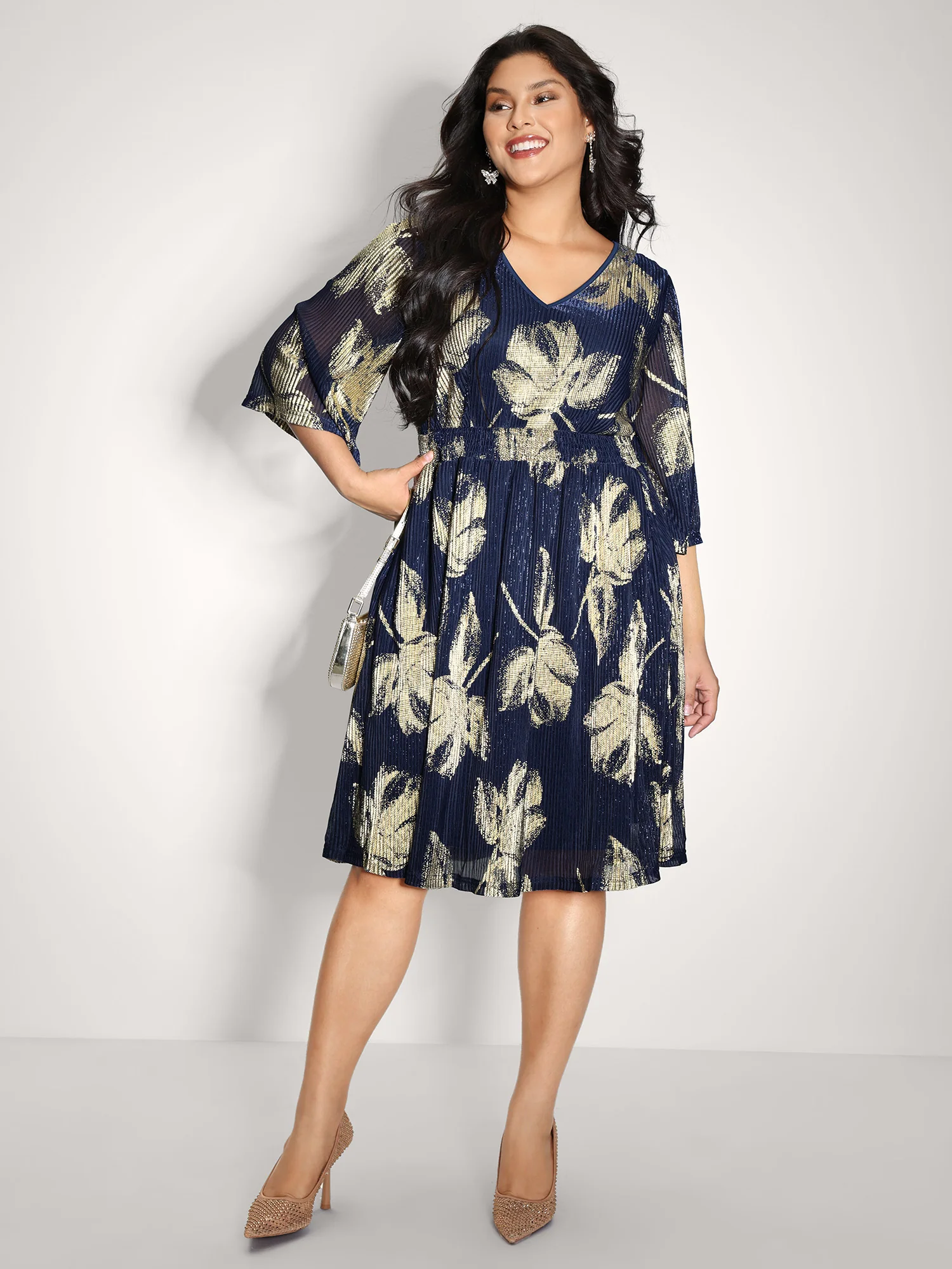 Hot Stamped Fall Leaf Shirred Mini Dress - Image 3