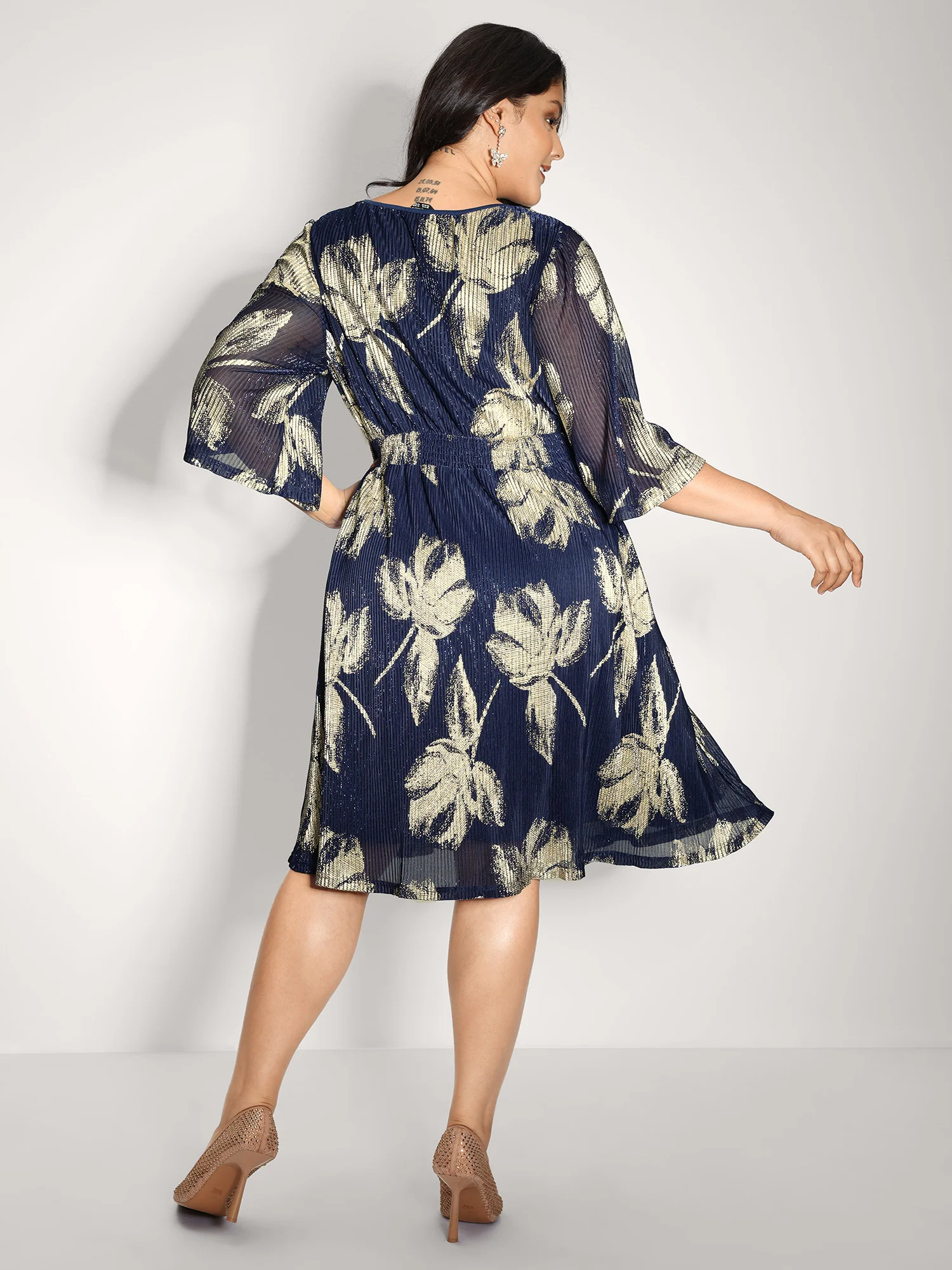 Hot Stamped Fall Leaf Shirred Mini Dress - Image 4