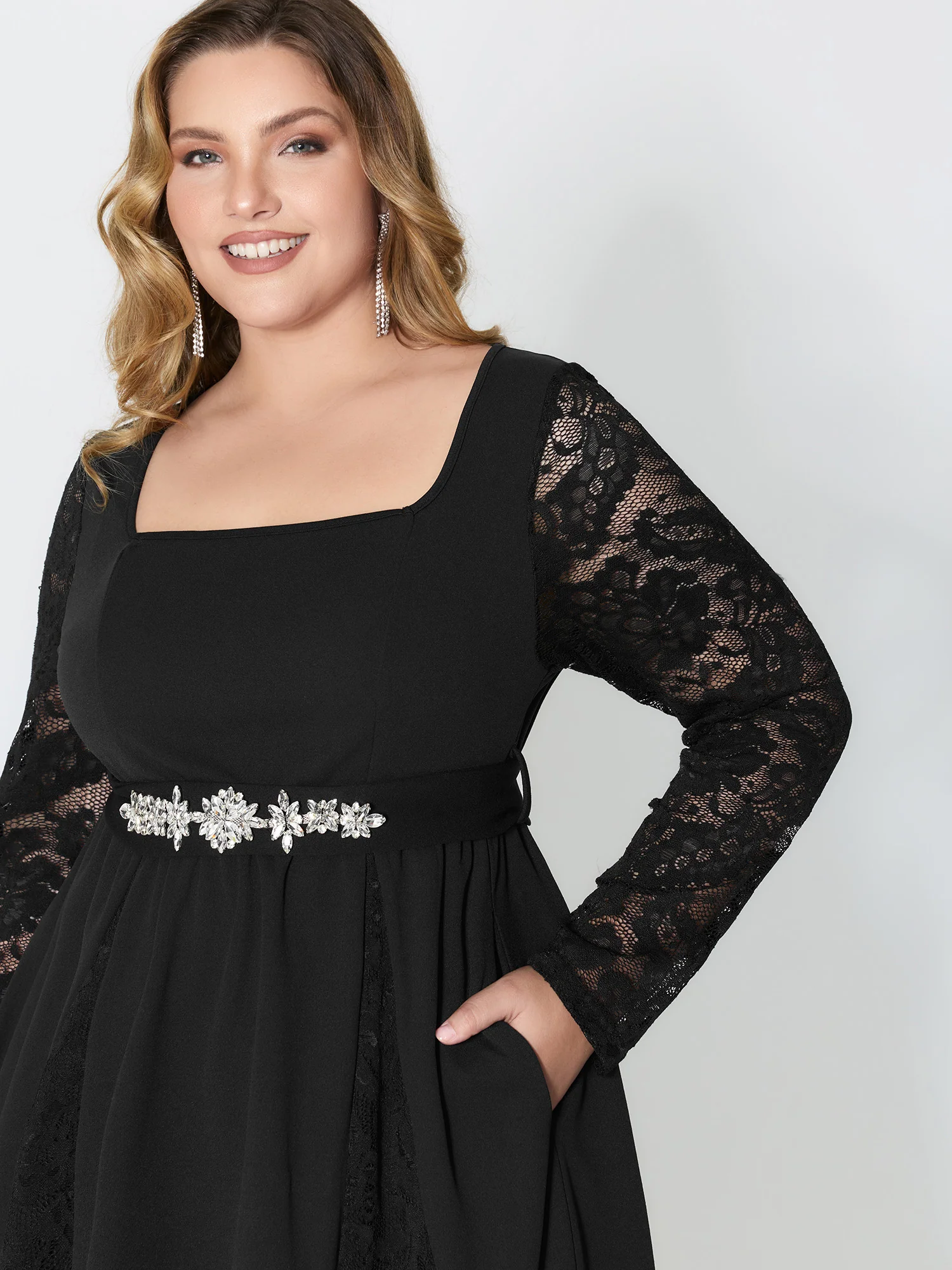 Hotfix Rhinestones Lace Trim Midi Dress - Image 2