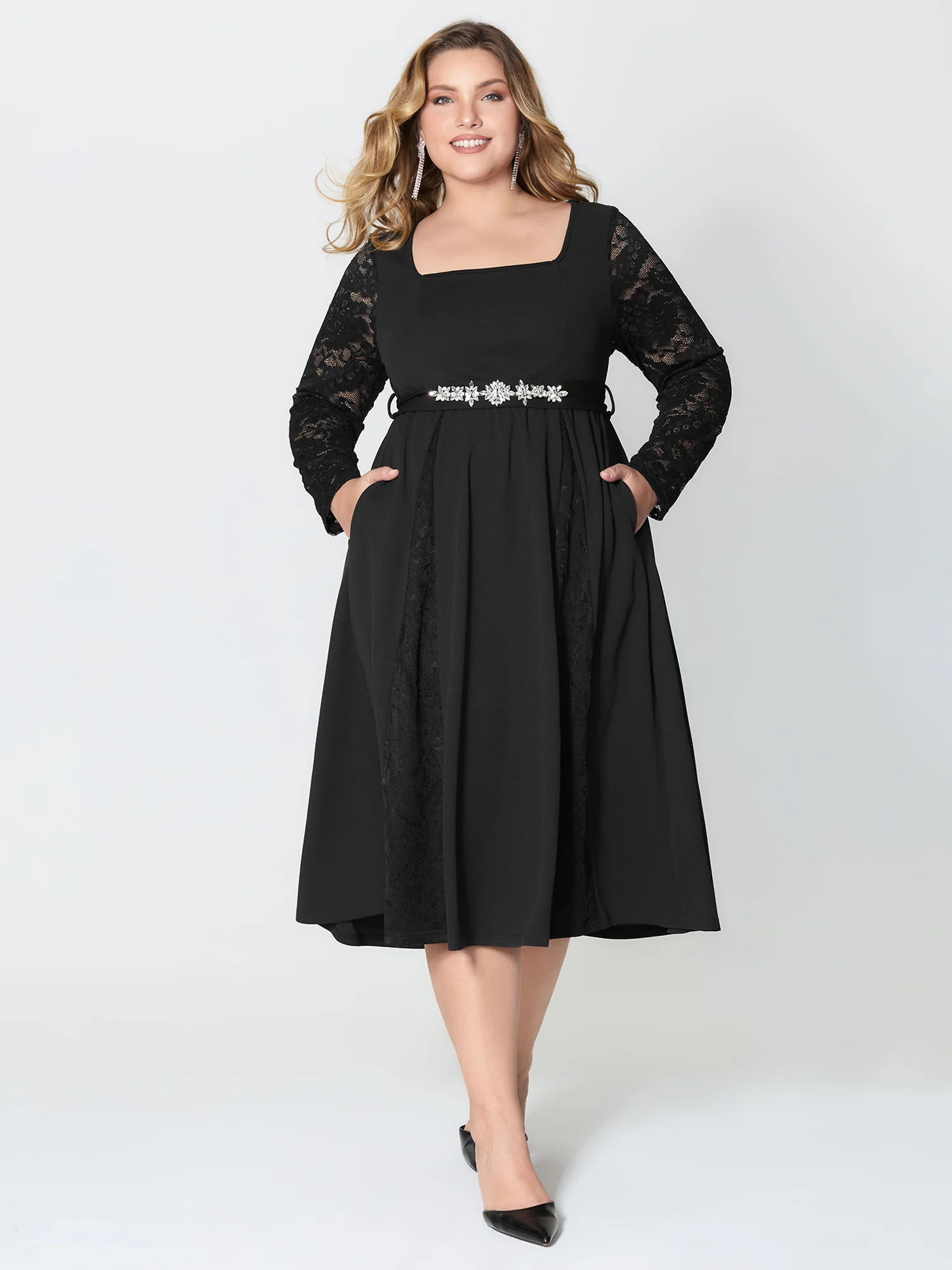 Hotfix Rhinestones Lace Trim Midi Dress - Image 3