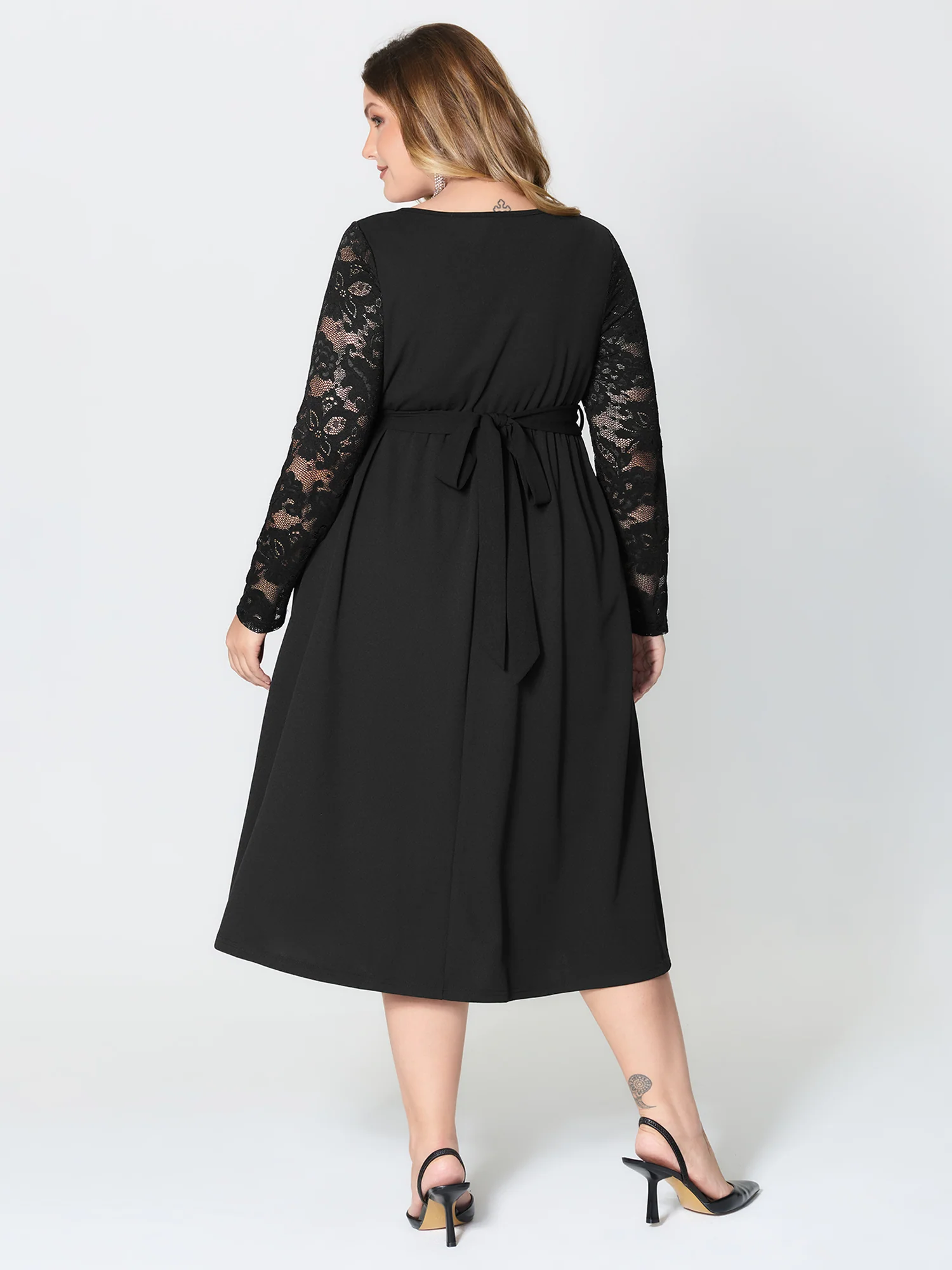 Hotfix Rhinestones Lace Trim Midi Dress - Image 4