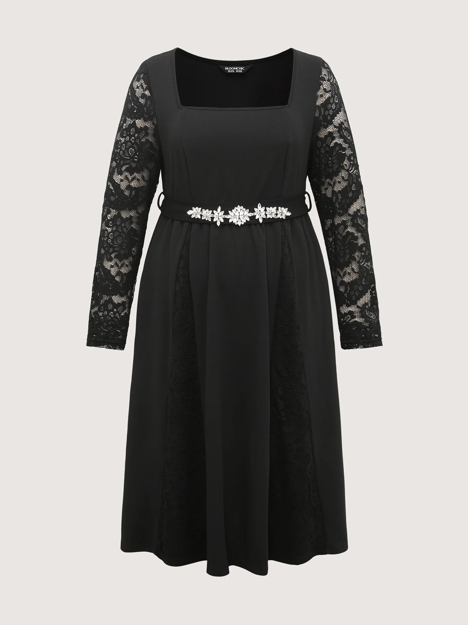 Hotfix Rhinestones Lace Trim Midi Dress - Image 7