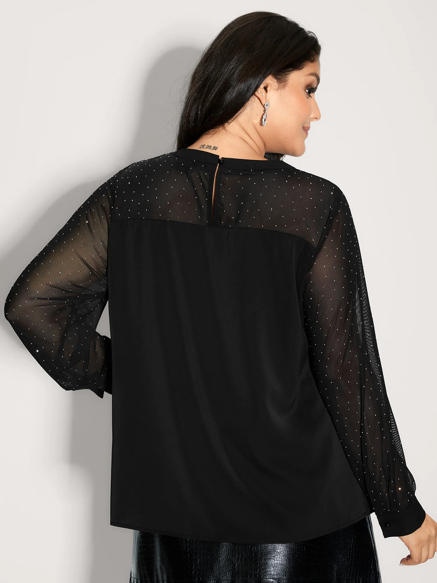 Hotfix Rhinestones Sheer Blouse - Image 5