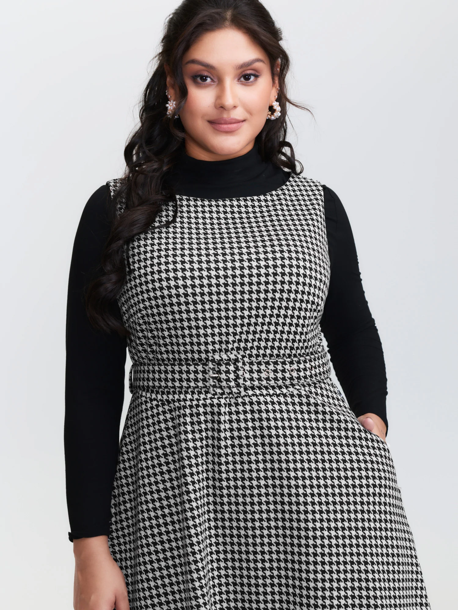 Houndstooth Boat Neckline Belted Waist Midi Dress - Image 3
