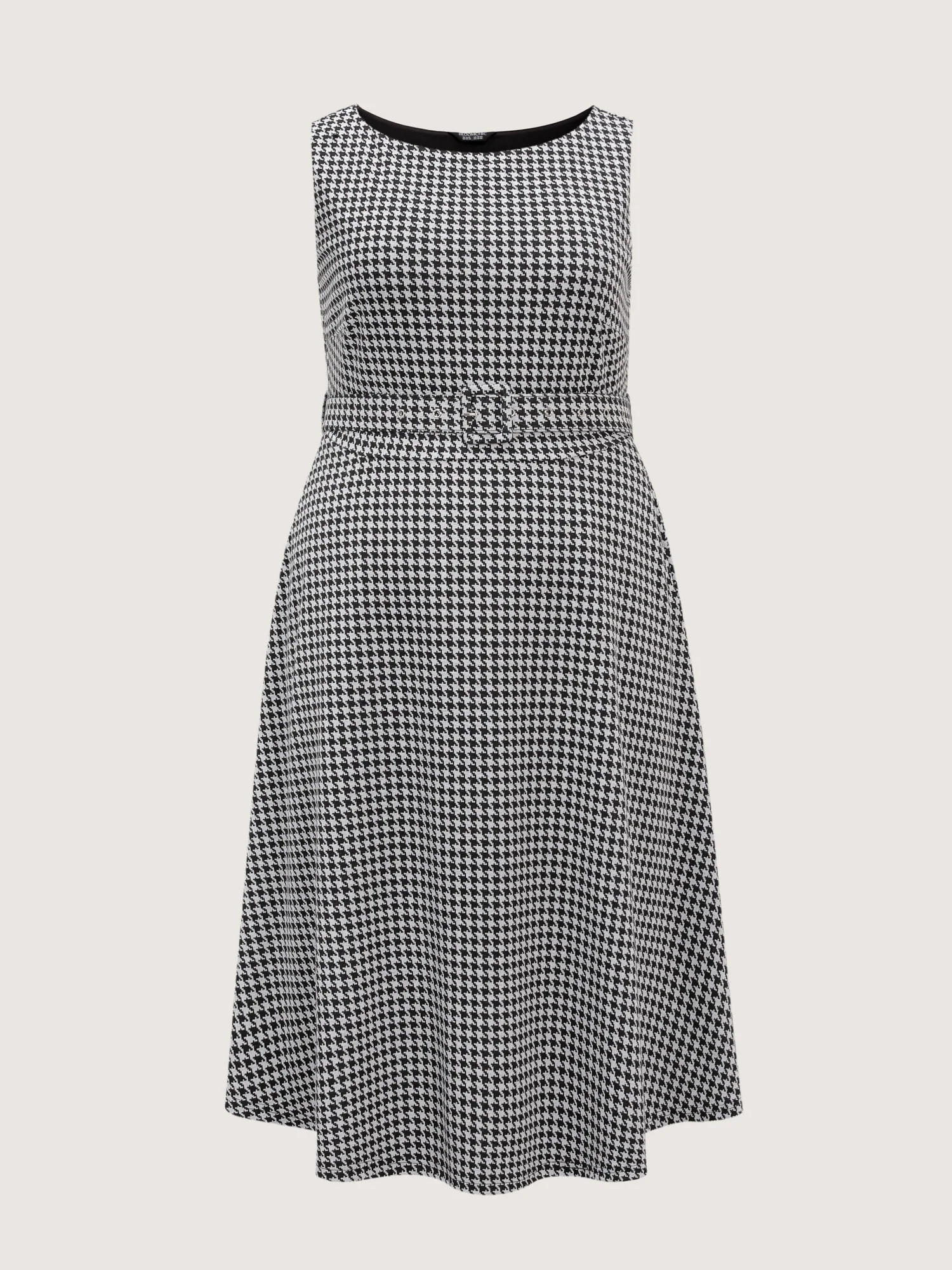 Houndstooth Boat Neckline Belted Waist Midi Dress - Image 7