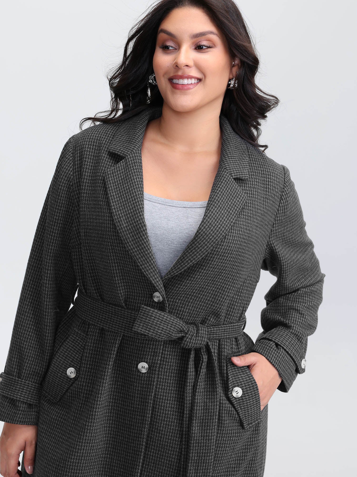 Houndstooth Button Detail Belted Coat - Image 2