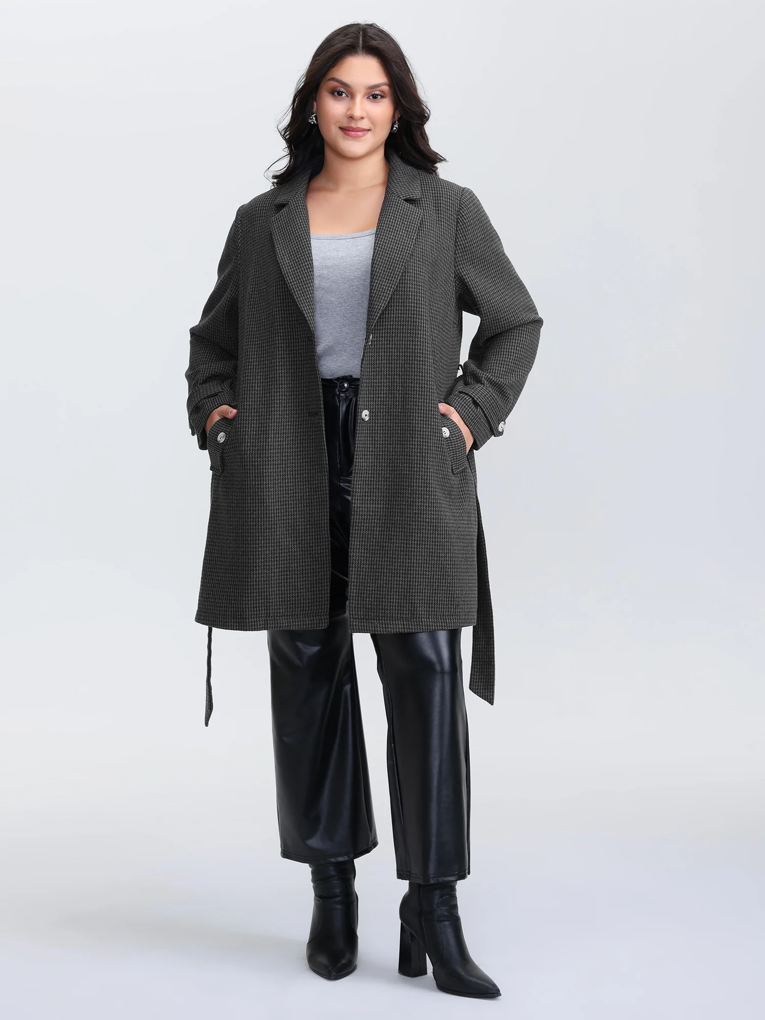 Houndstooth Button Detail Belted Coat - Image 3