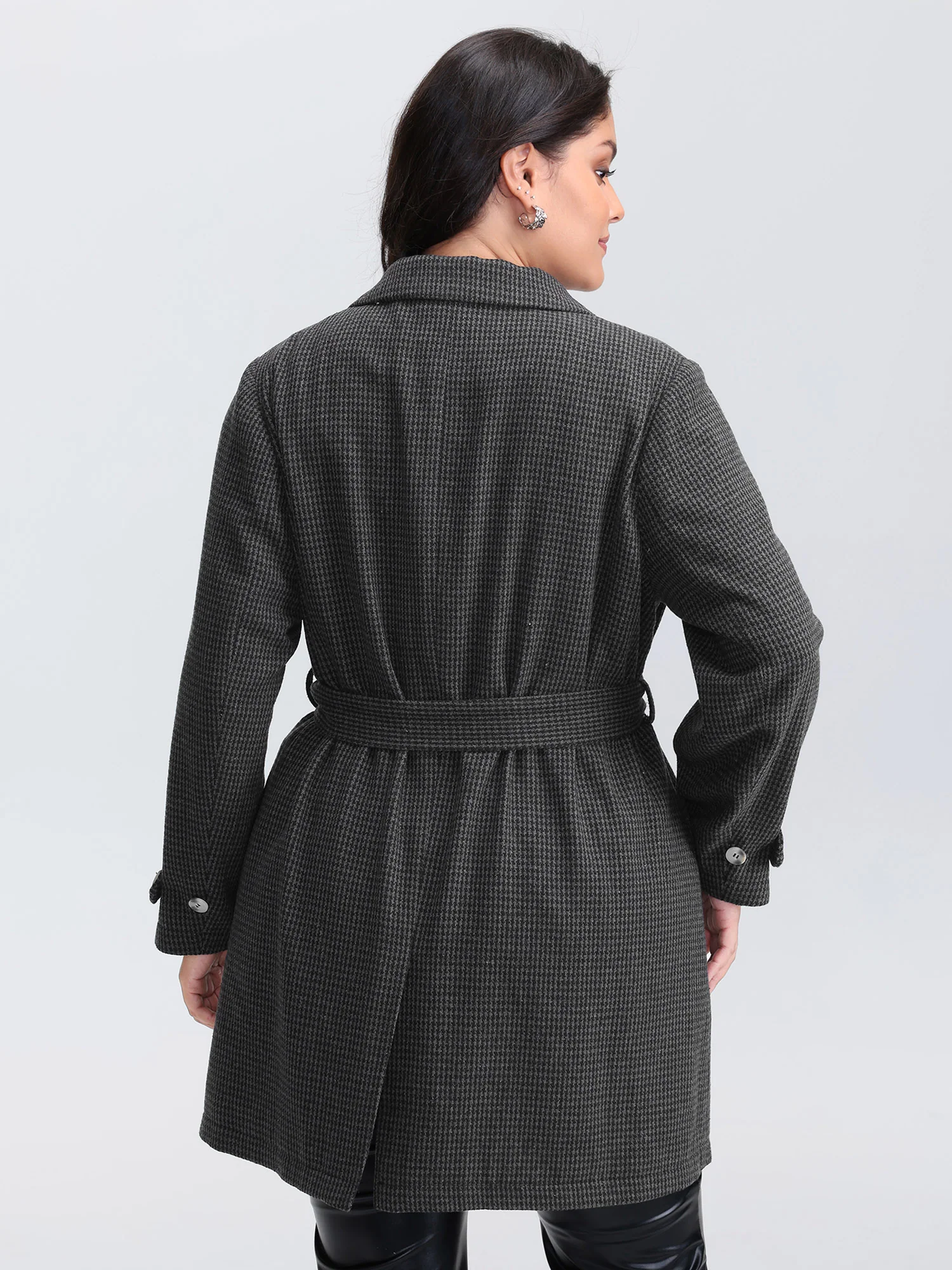 Houndstooth Button Detail Belted Coat - Image 4