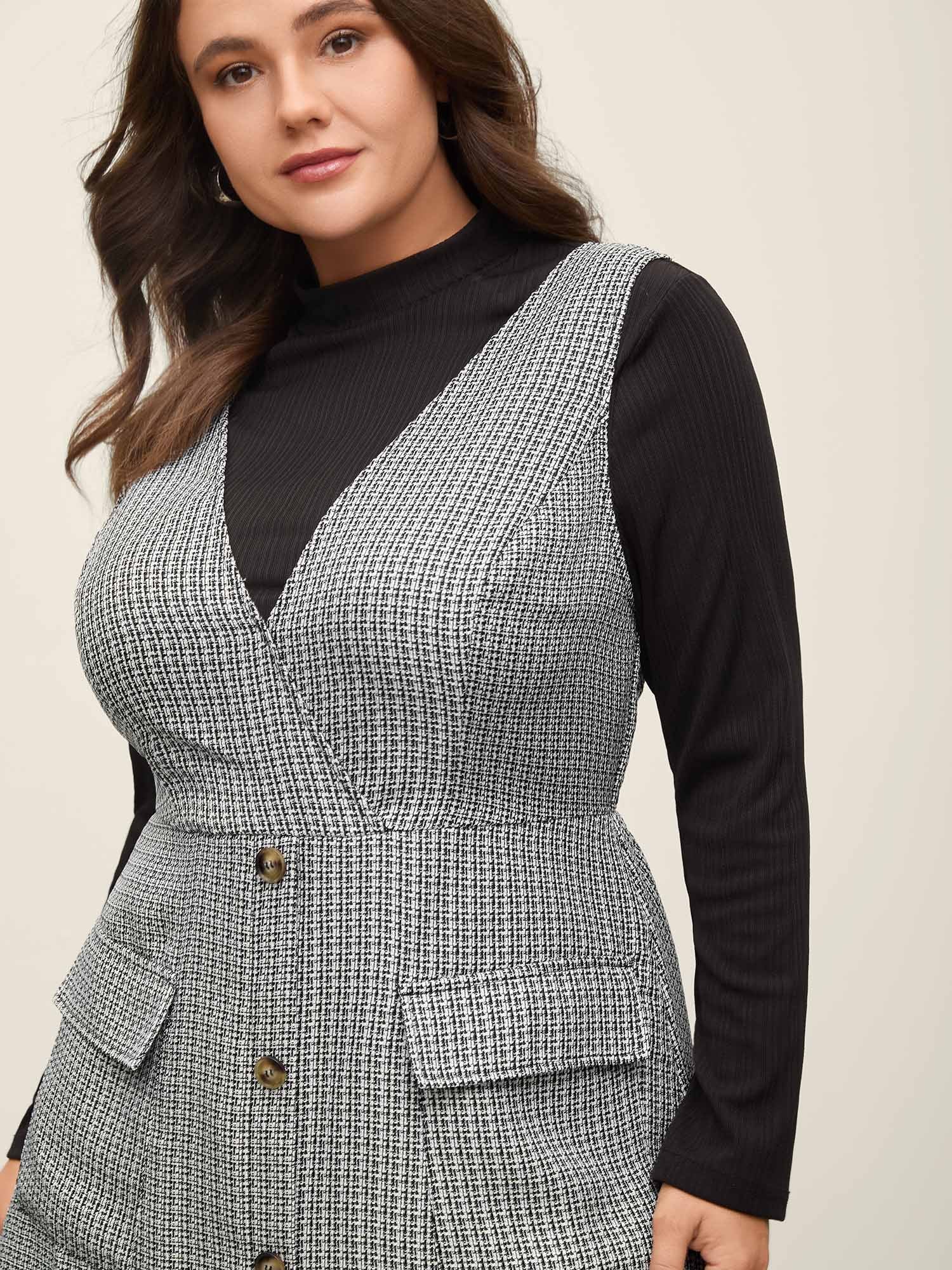 Houndstooth Button Detail Pockets Knee Dress - Image 2