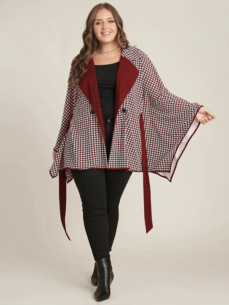 Houndstooth Contrast Dolman Sleeve Suit Collar Belted Coat - Image 2